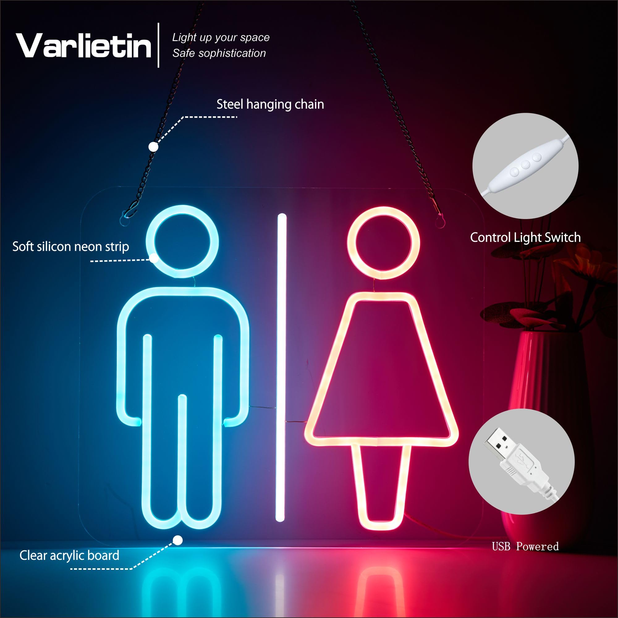 VarLietin Restroom Neon Sign, Pink+Blue LED Wall Decor, USB Powered, Model Var-ns-b1 for Hotels, Bars, Parties, and Shops