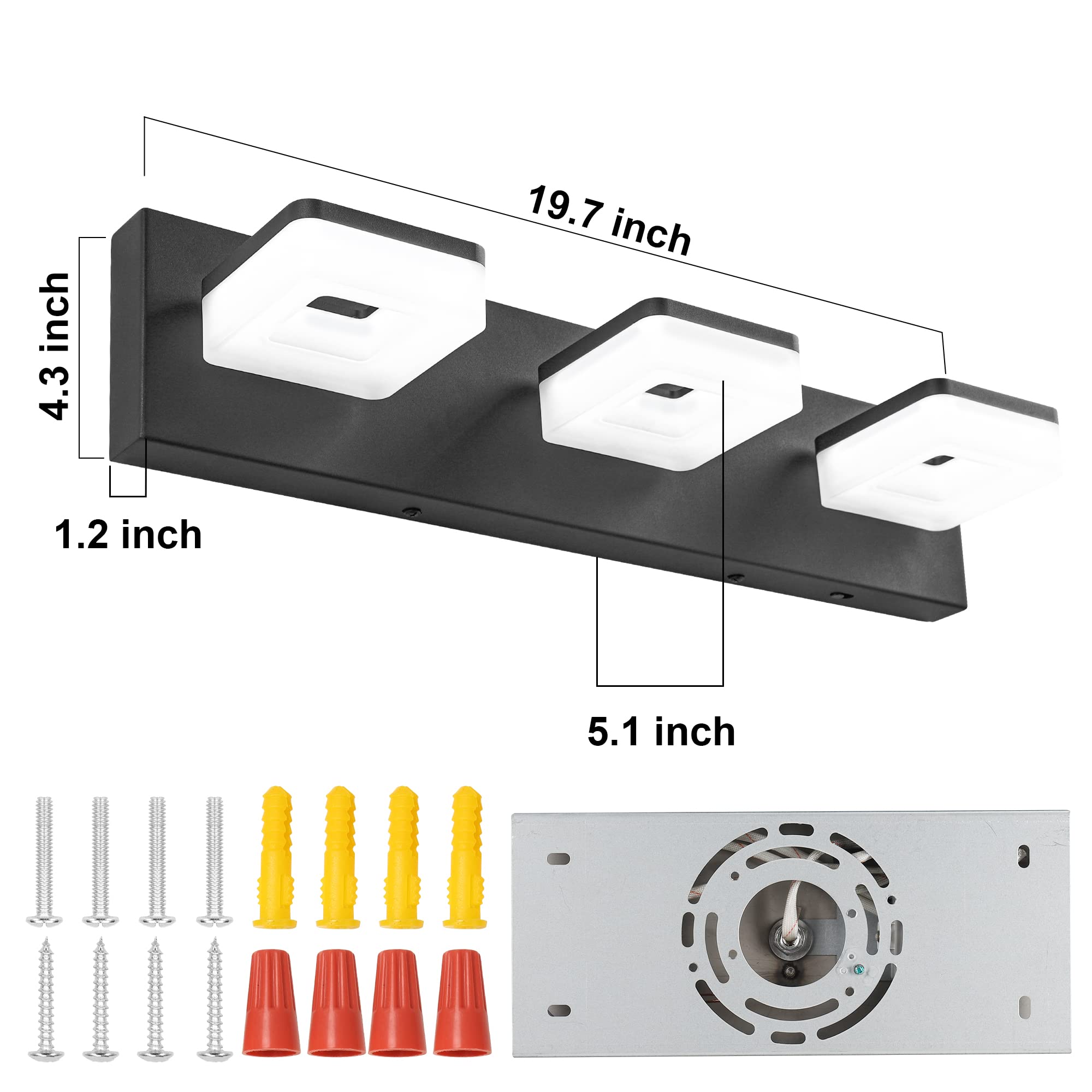 Goodate 3-Light Dimmable Black Bathroom Vanity Light Fixtures, Adjustable 3000K/4000K/6000K