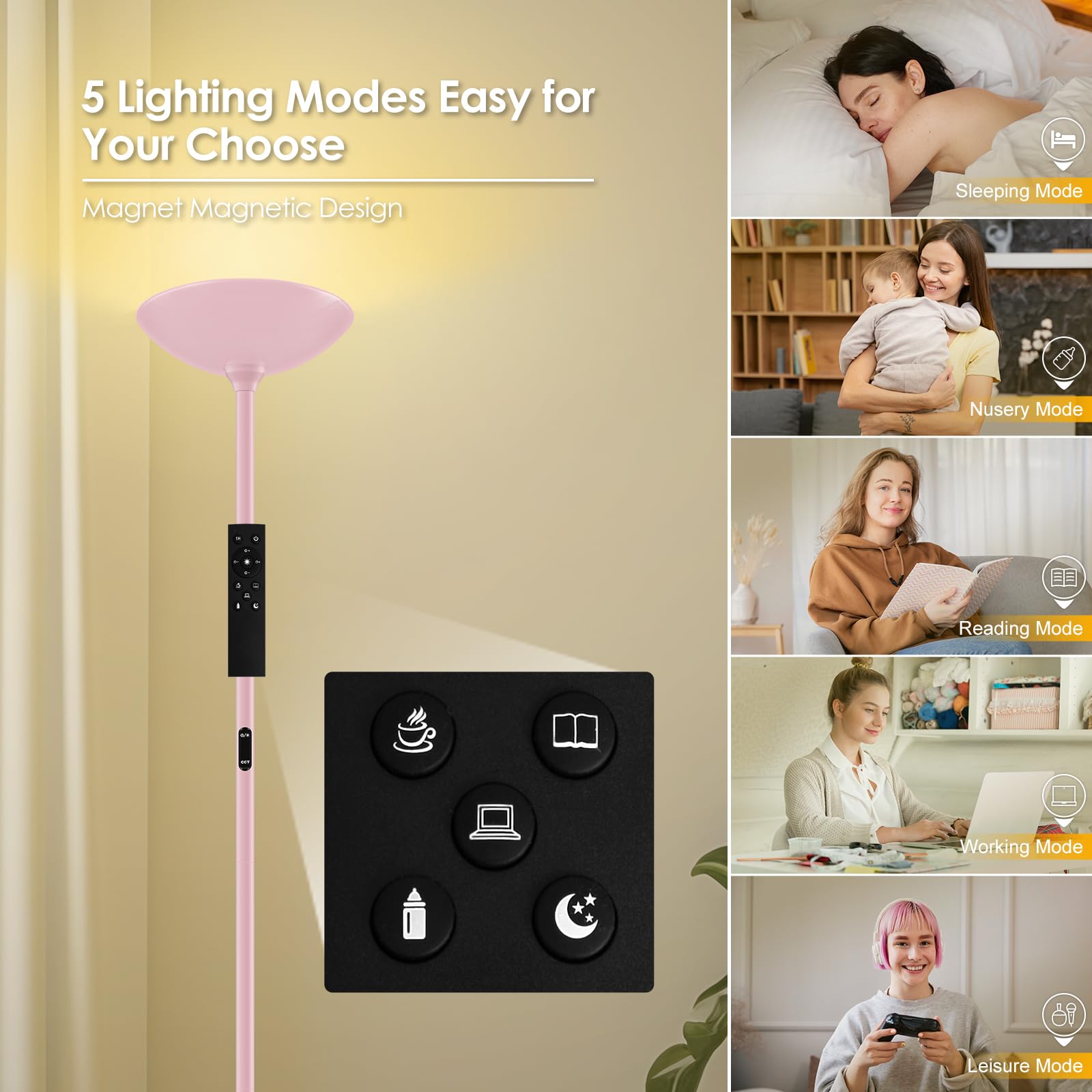 Bricosmocon Dimmable Floor Lamp, 30W 3000LM LED Torchiere, 71" Tall, Pink, Remote & Touch Control, Model F0513