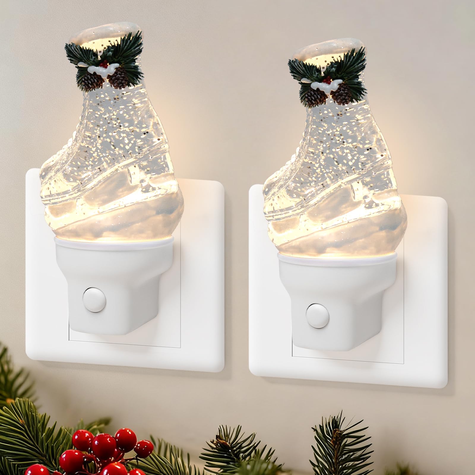 2 Pack Christmas Night Light Plug into Wall Glitter Water Nightlight with USB/Outlet Options  Christmas Ski Boots Decorative Nightlight for Bedroom Kitchen Holiday Decorations Gifts (Ski Boots)