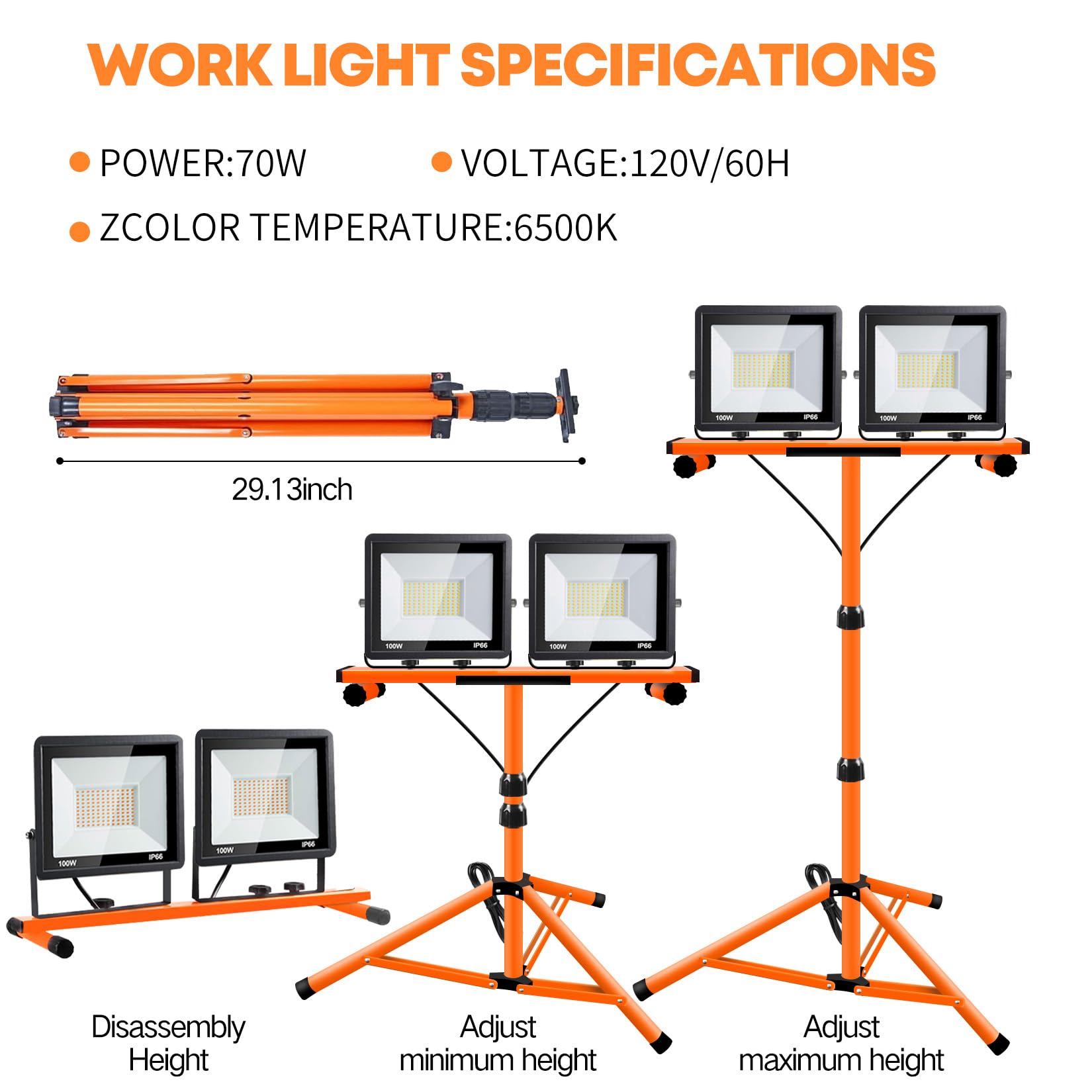 21000 Lumen Work Lights With Stand, 2 Adjustable Head Led Work Light, With Adjustable And Foldable Tripod Stand, Waterproof Lamp