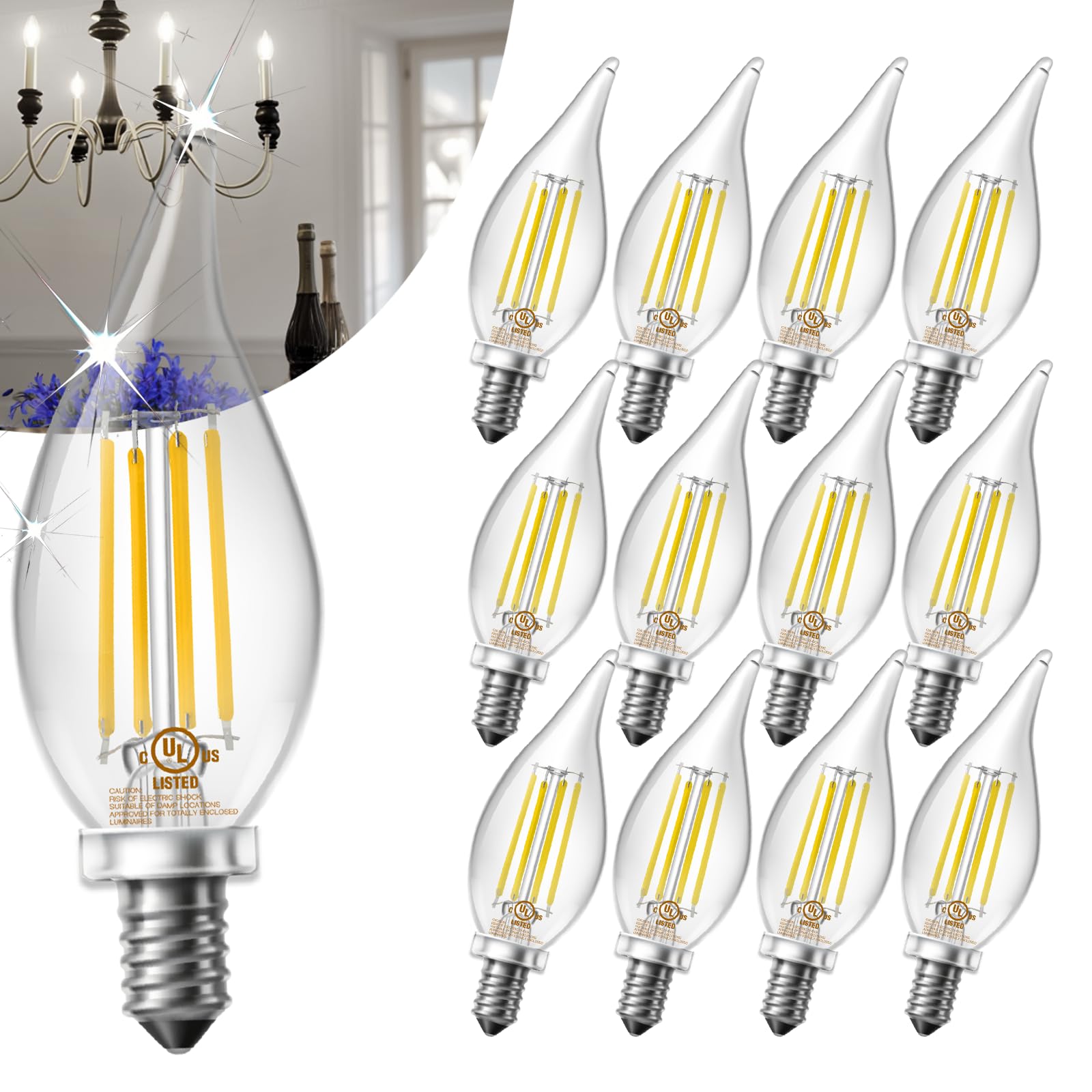 Daybetter 12 Pack Dimmable Candelabra Light Bulbs, Flame Tip Vintage Led Candle Bulbs, E12 Small Base, 60 Watt Equivalent, 5000K