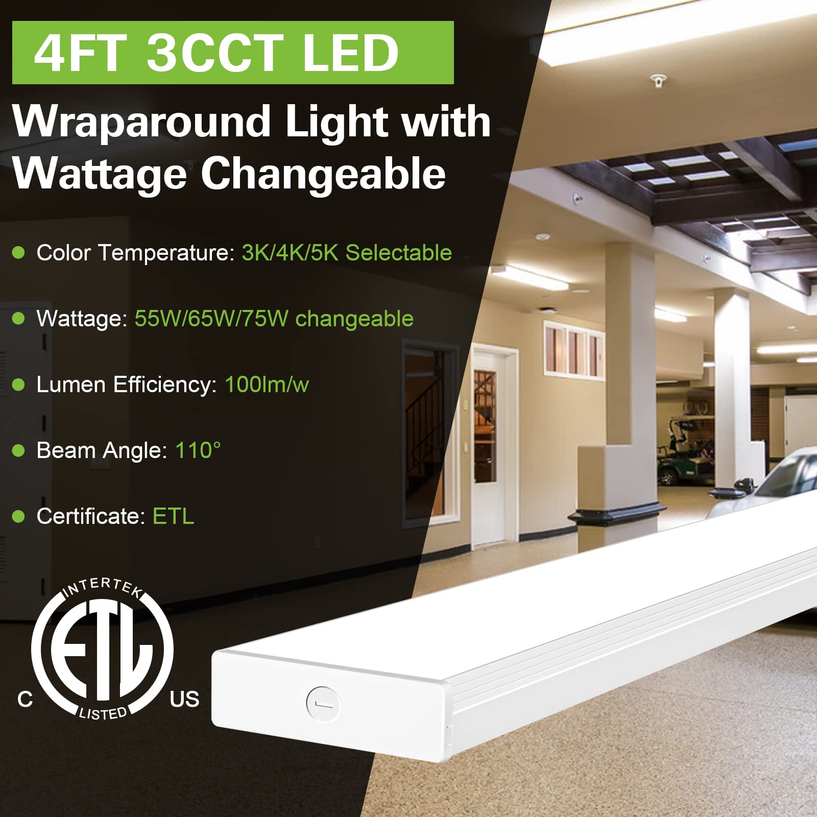 Hykolity 4Ft Led Wraparound Light With 3 Wattages/3 Lumens/3 Cct Selectable, 55W/65W/75W, 5500Lm/6500Lm/7500Lm, 3000K/4000K/5000