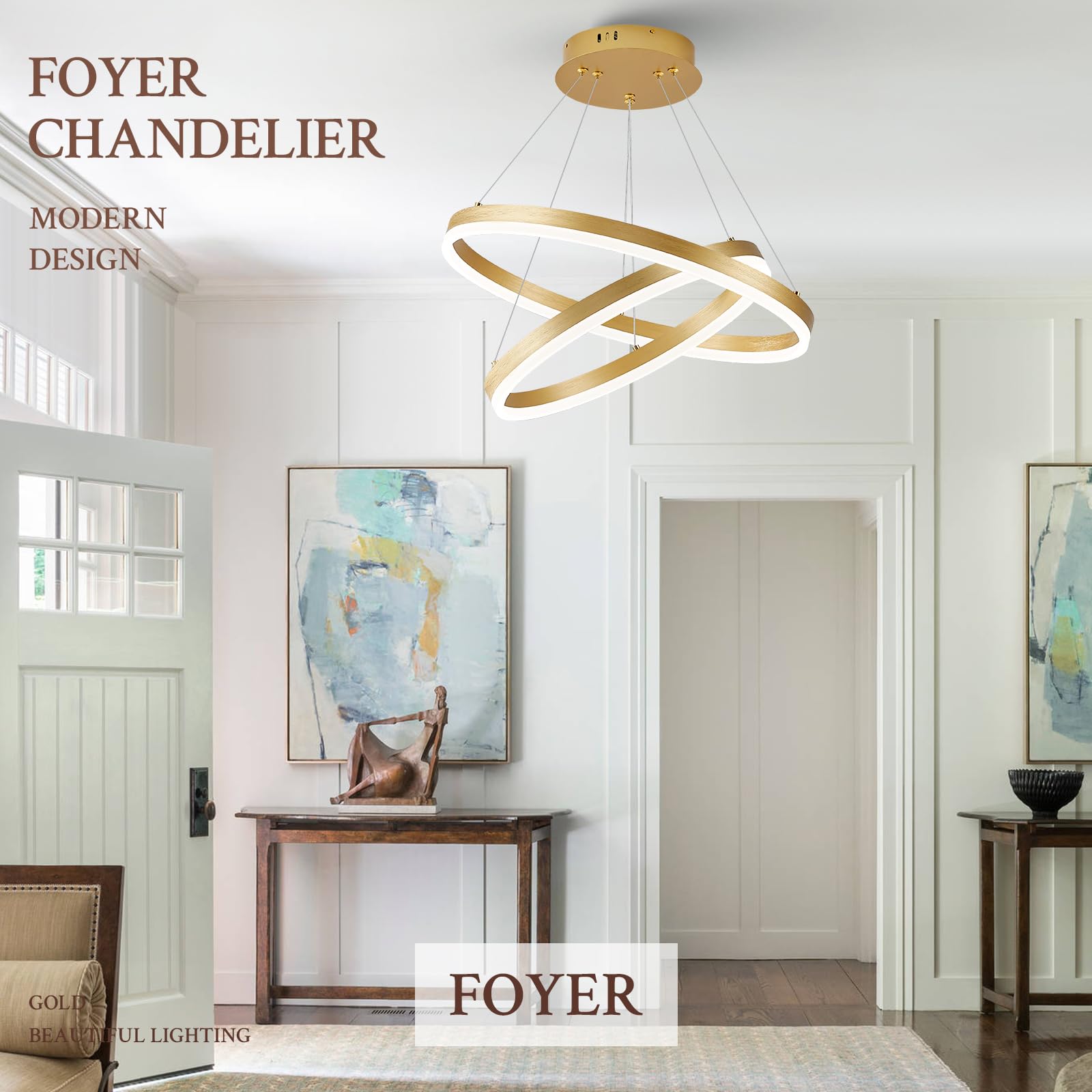 Sparklelf LED Chandelier Pendant Light, 2 Rings, Metal, Gold, Remote Control, 3000K-6500K, Modern Flush Mount for Bedroom, Living Room, Dining Room