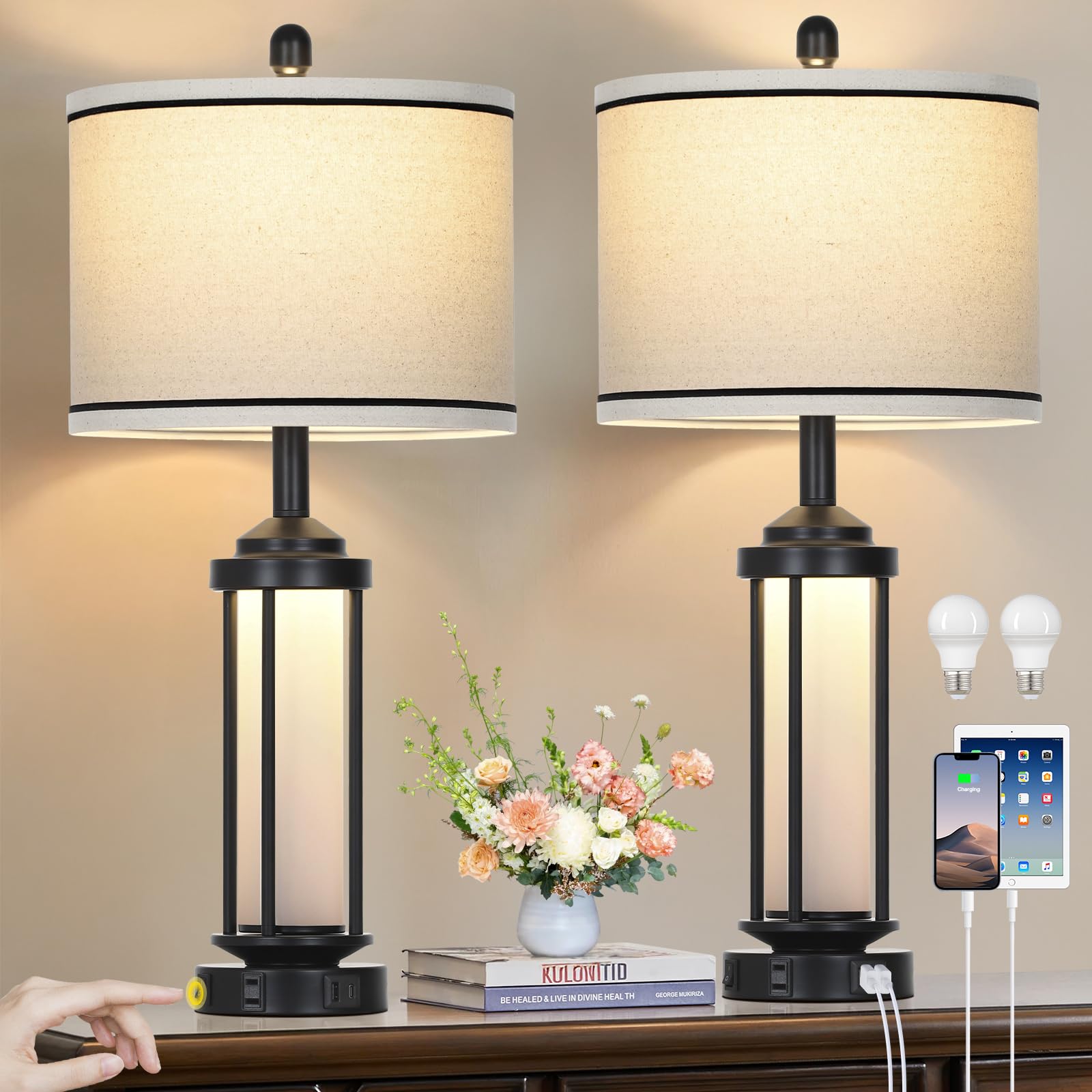 Rinweey Table Lamps for Living Room Set of 2, Black Farmhouse Rustic Industrial Table Lamp with USB A+C Charging Ports & AC Outl