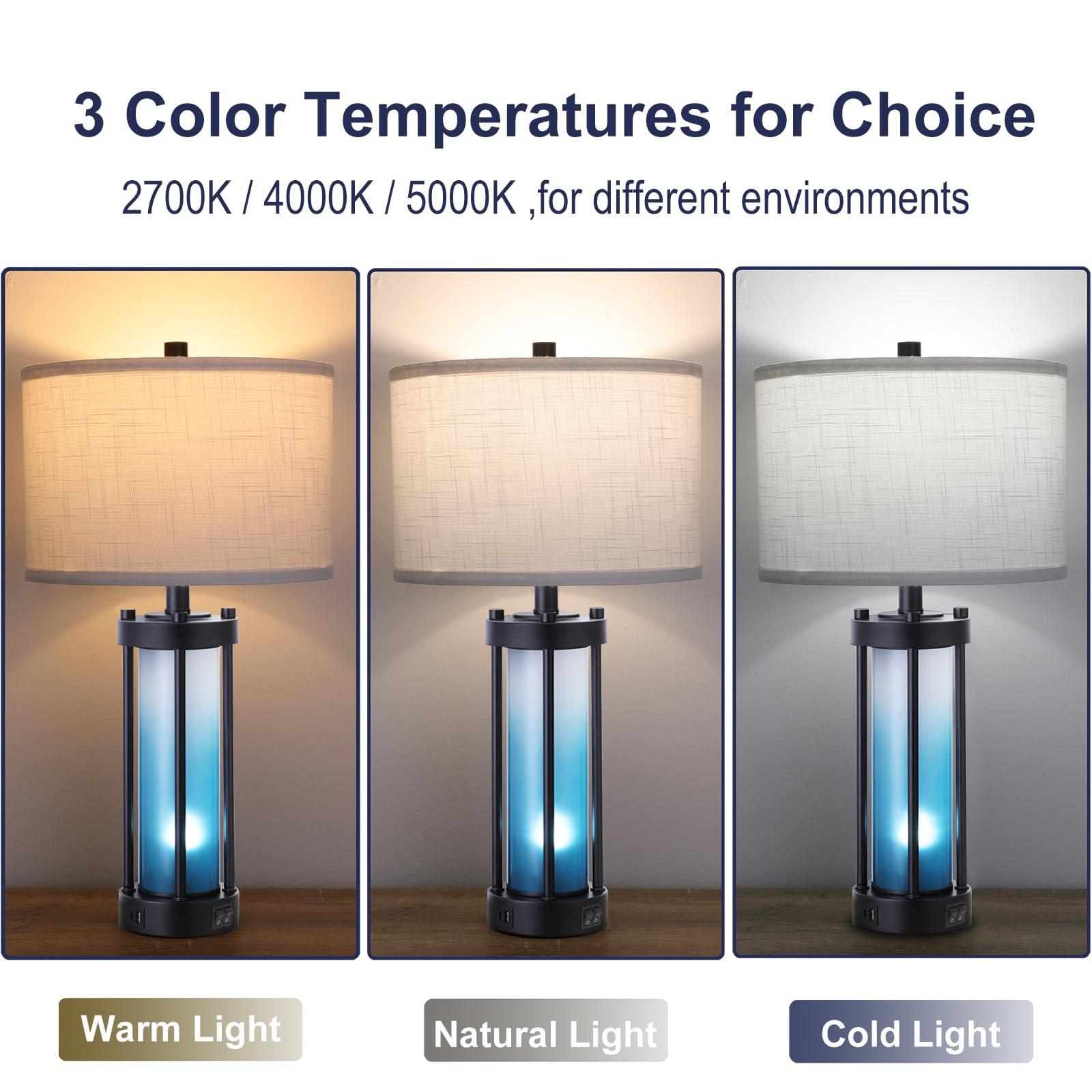 Lambaol Modern Table Lamps Set of 2, Frosted Glass, Gradient Blue, 2 USB Ports, TL001, Ideal for Bedroom and Living Room