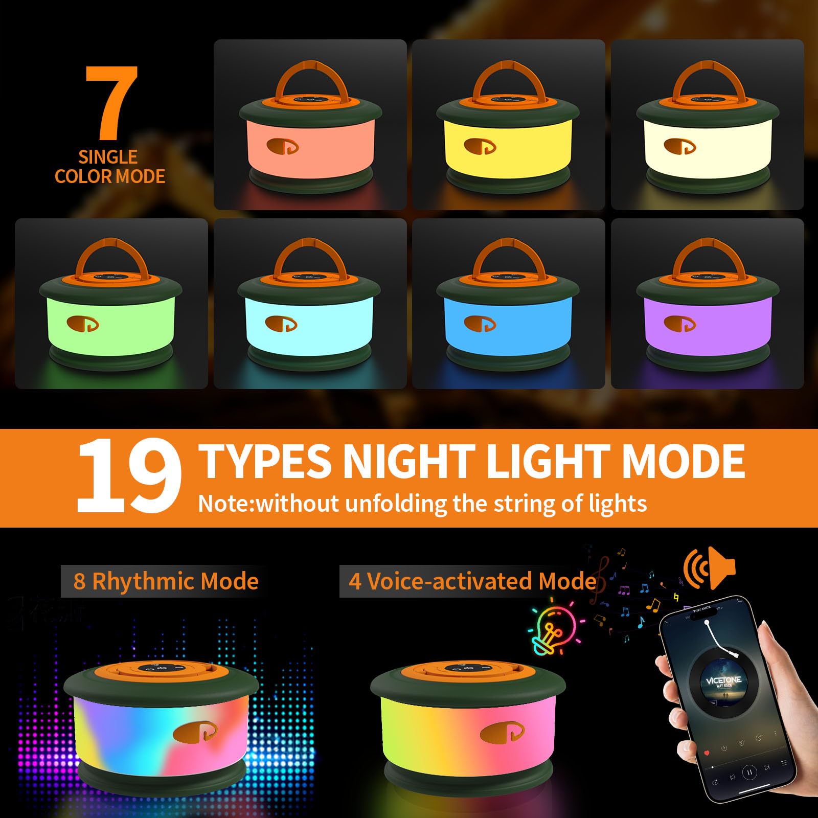 TOHETO Camping String Lights, 3-in-1 RGB Lantern, 32.8 FT, 19 Modes, Rechargeable, Green & Orange, Model JSK-L26