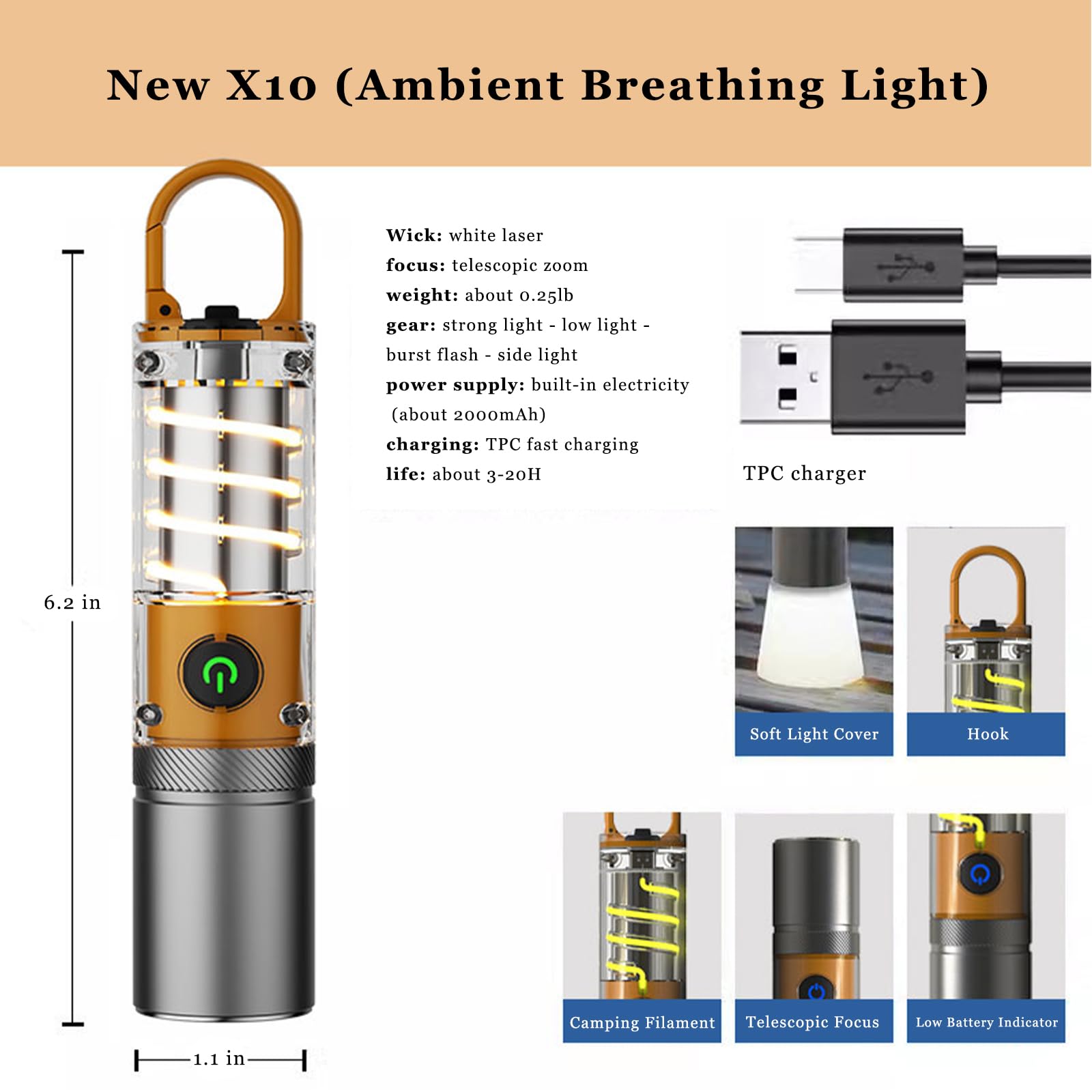 Aijolenly High Power Flashlight 100000 Lumen Rechargeable 6 Modes Small Orange Model XST-M26