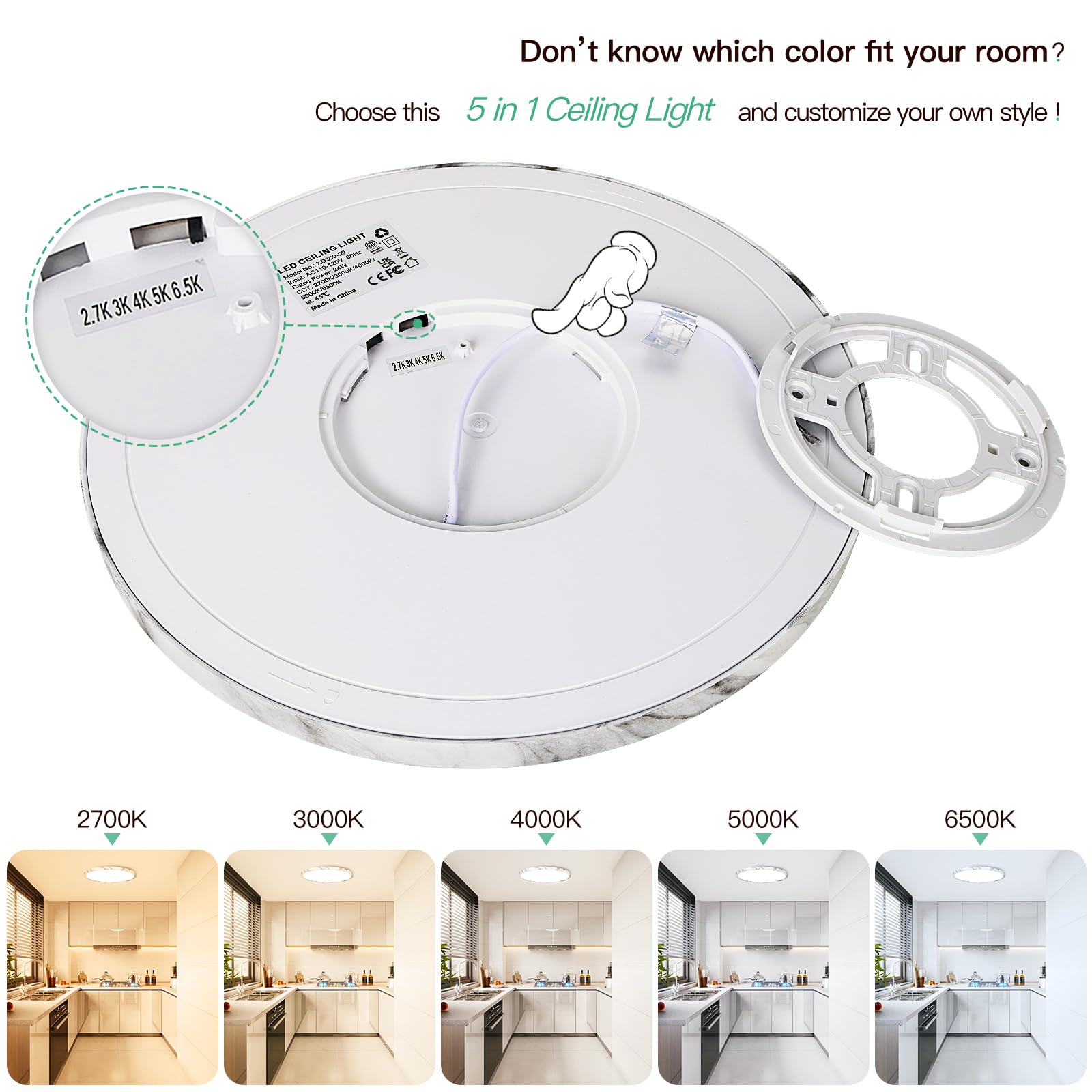 Brightever 12 Inch LED Flush Mount Ceiling Light, Dimmable 2700K-6500K, 24W, 3200LM, 2 Packs, Marble Finish
