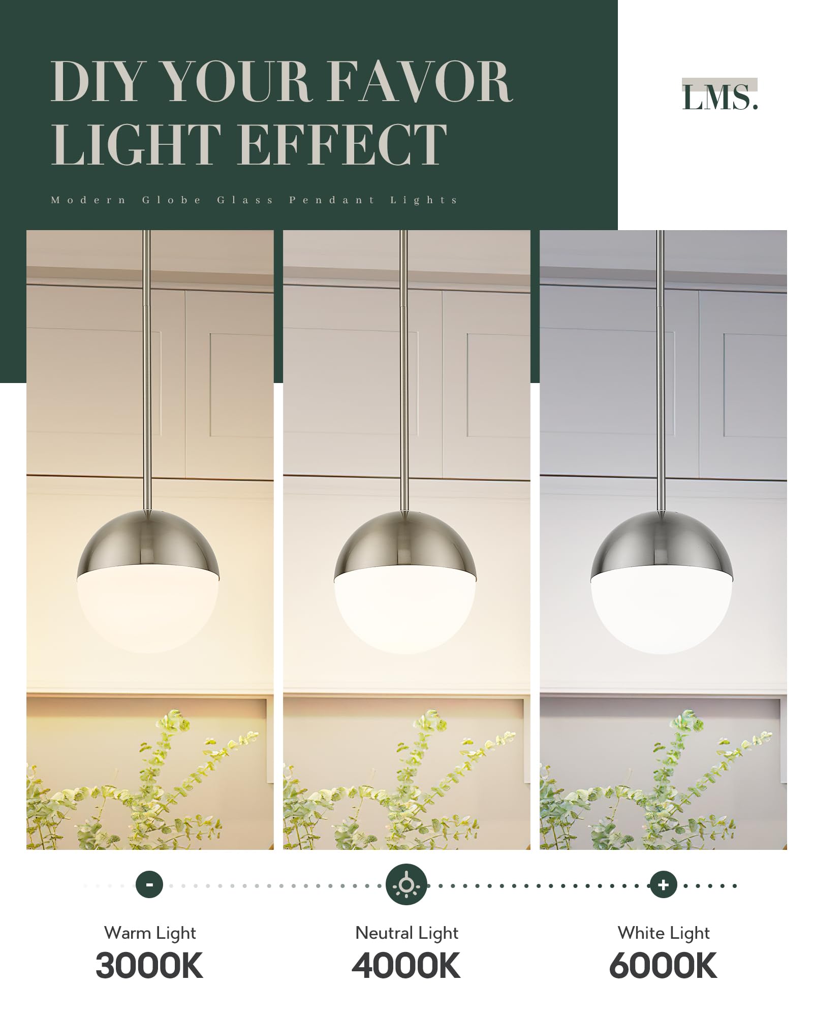 Lms Farmhouse Pendant Light Fixtures, Brushed Nickel Pendant Light With Globe Glass, Adjustable Hanging Lighting For Kitchen Island, Bedroom, Bathroom, Lms-203