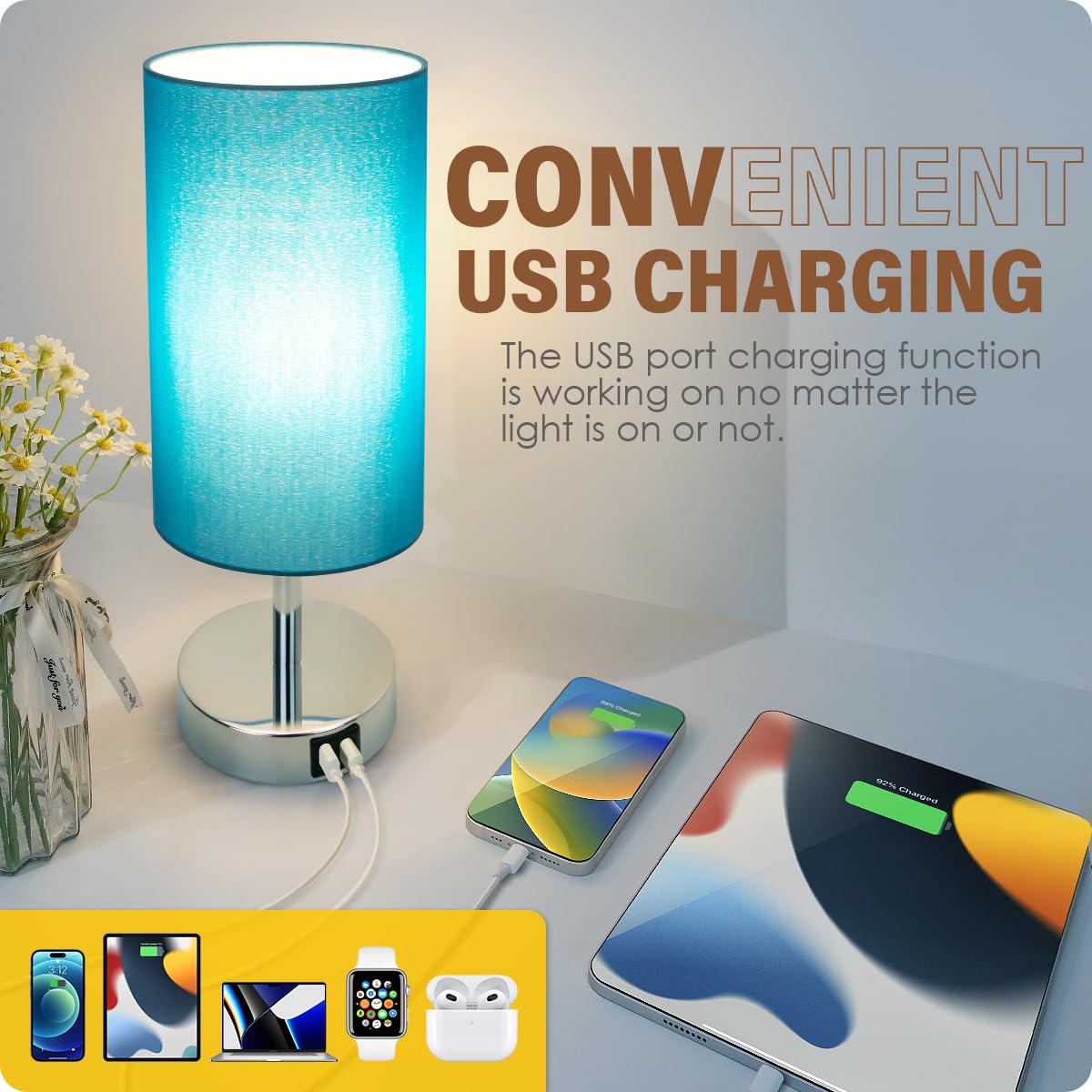 Yarra-Decor Blue Fabric Shade Touch Control Table Lamp With Usb Ports, 3 Way Dimmable Nightstand Lamp For Bedroom, Living Room, Kids Room, College Dorm, Office