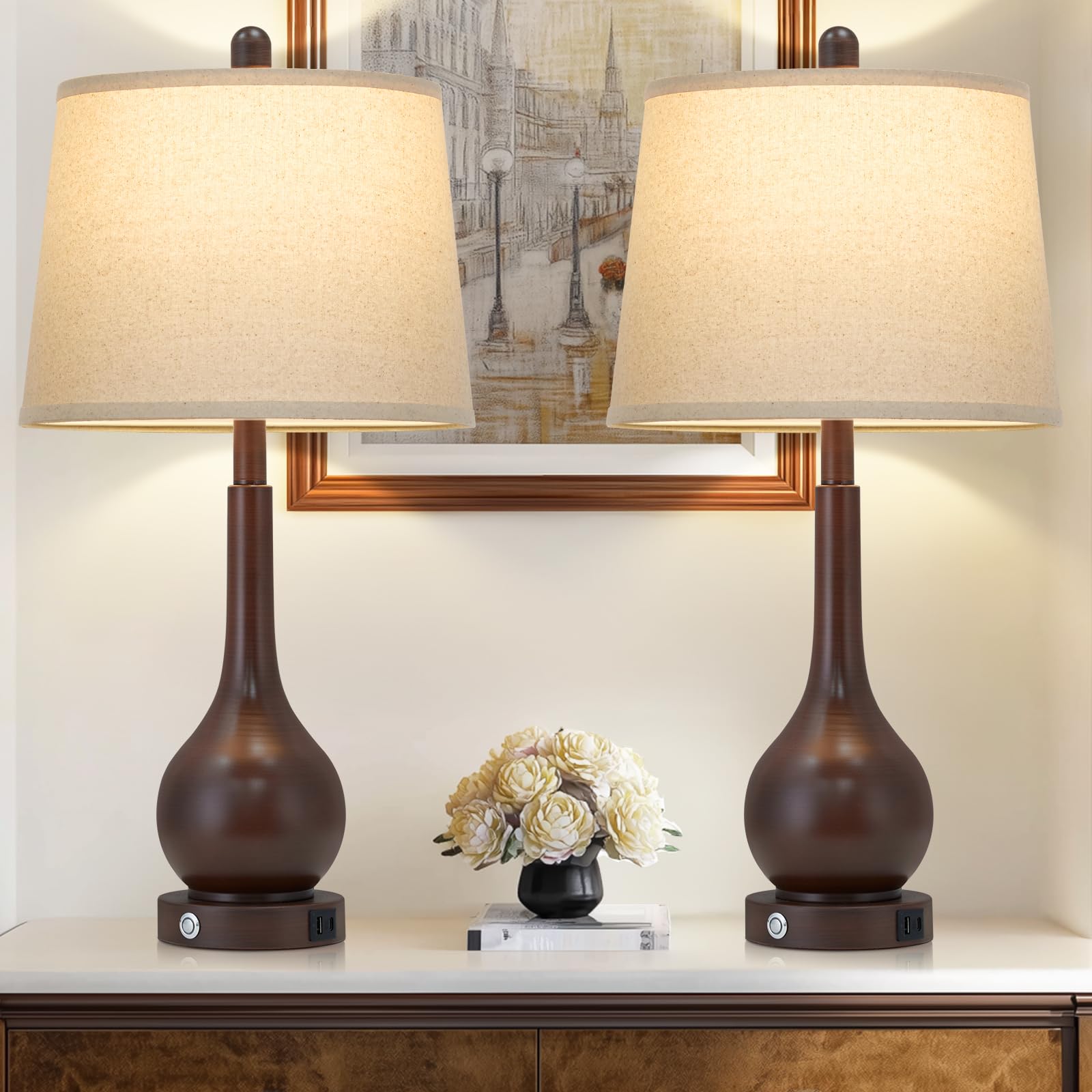luxeflow 26 Brown Table Lamps Set of 2  Touch Control Bedside Lamps for Bedroom Nightstand  3-Way Dimmable Farmhouse Lamp for Living Room with Charging Port (2 LED Bulbs Included)