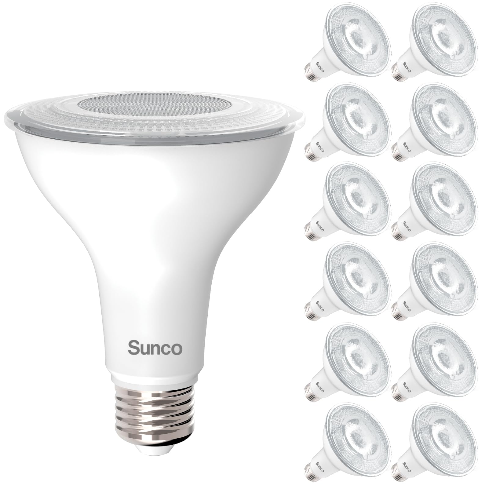 Sunco 12 Pack Par30 Led Bulb  Exterior Flood Lighting  Long Neck Recessed Light Bulbs  1200 Lm  11W (75W Equivalent)  3000K Warm White  Dimmable  E26 Base  High Brightness  Indoor/Outdoor Ul