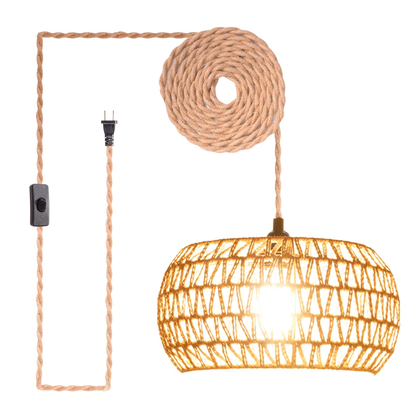 Eqquorva Plug In Pendant Light,Rattan Hanging Lights With Plug In Cord,Handmade Hanging Lamp Plug In,Rattan Light Fixtures Ceiling Hanging For Living Room Bedroom