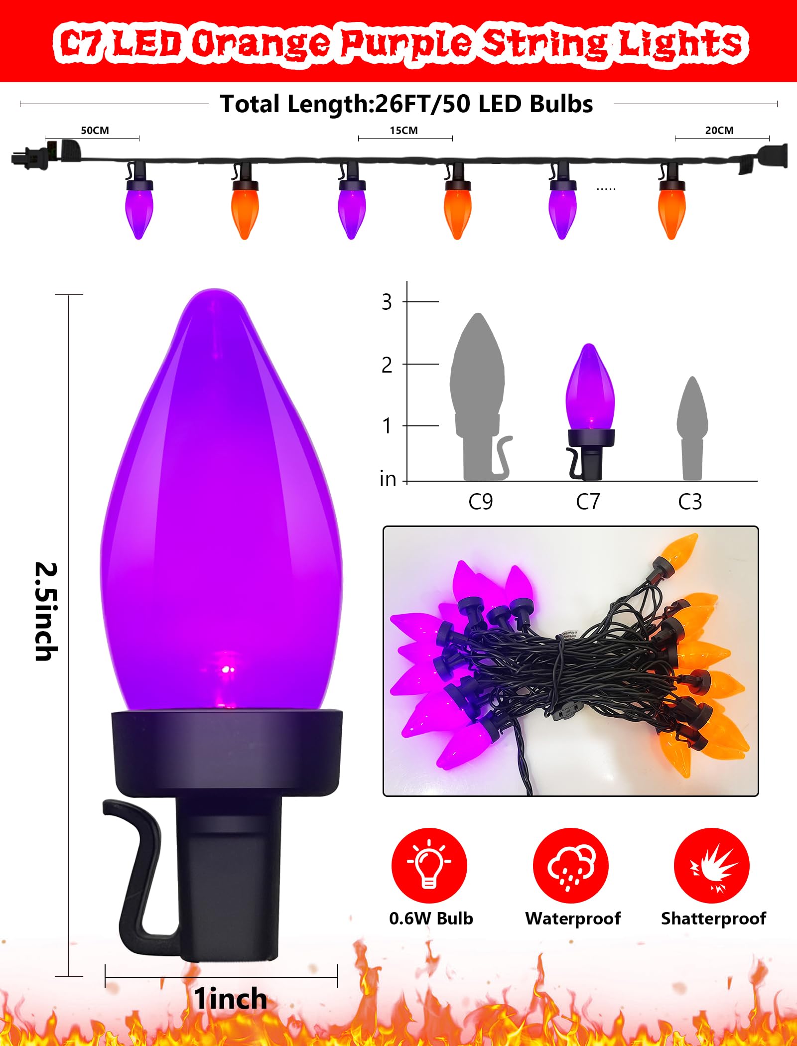 Xingzd Halloween String Lights, 50 C7 LED, 26FT Outdoor Decor, Orange/Purple, Plastic