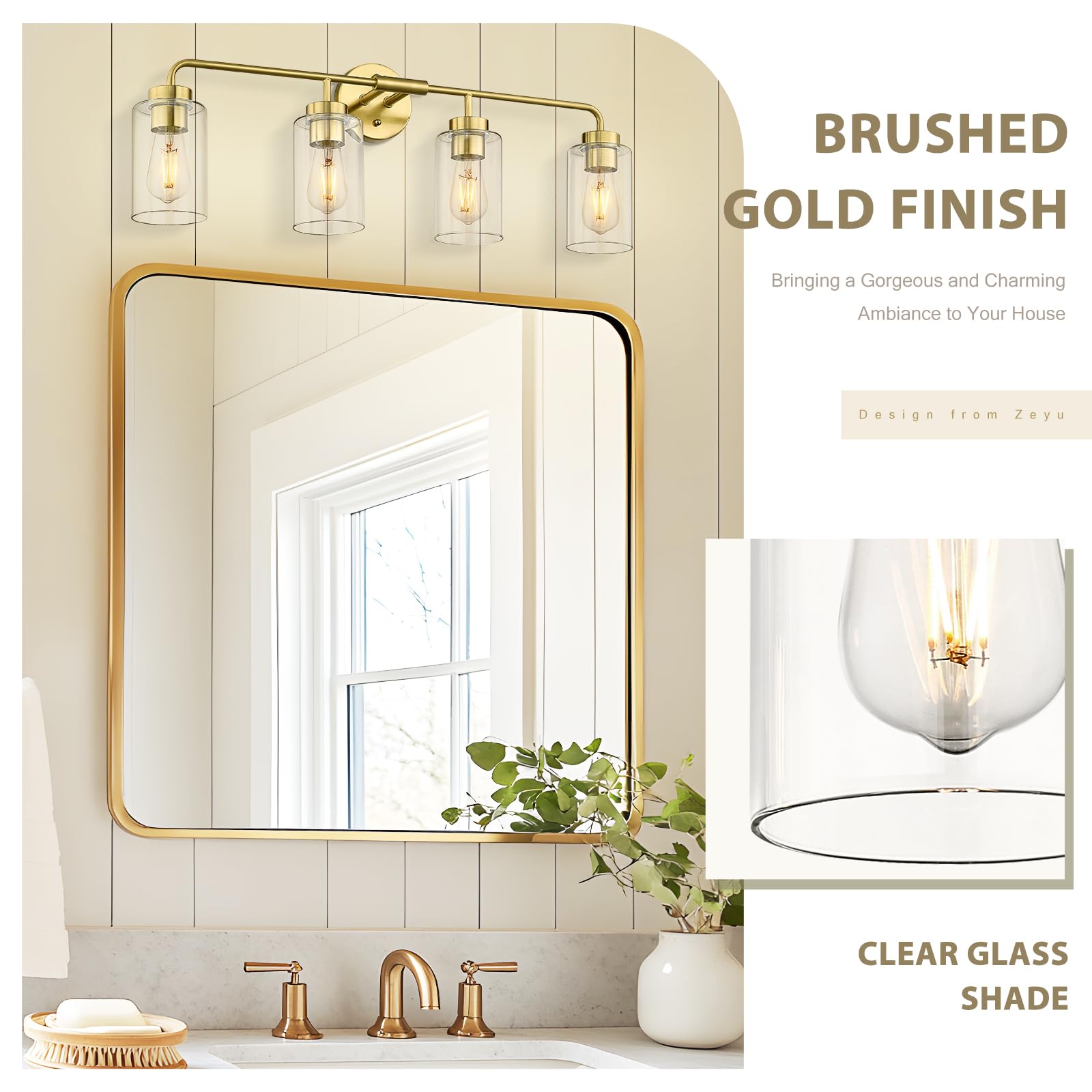 Zeyu 4-Light Bathroom Light Fixtures  Gold Vanity Lights For Bathroom  31 Inch Wall Sconce Lighting  Brushed Gold Finish  Clear Glass Finish  Zs62B-4W Bg