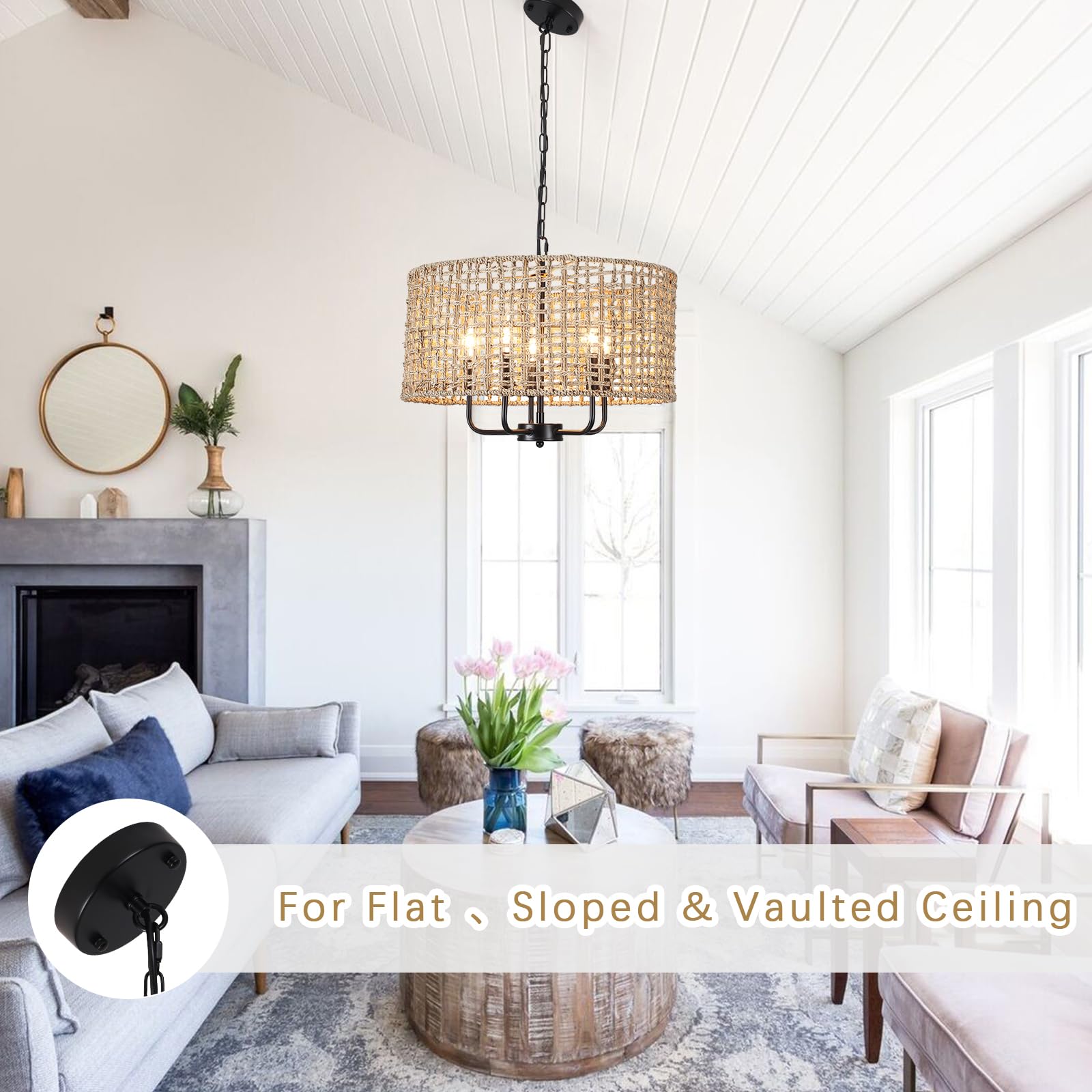 Mrhyswd 18.9 Hand-Woven Rattan Chandelier 5 Lights Farmhouse Boho Chandeliers For Dining Room Light Fixture Drum Wicker Hanging Pendant Lighting For Living Room Kitchen Island Foyer Hallway  E12
