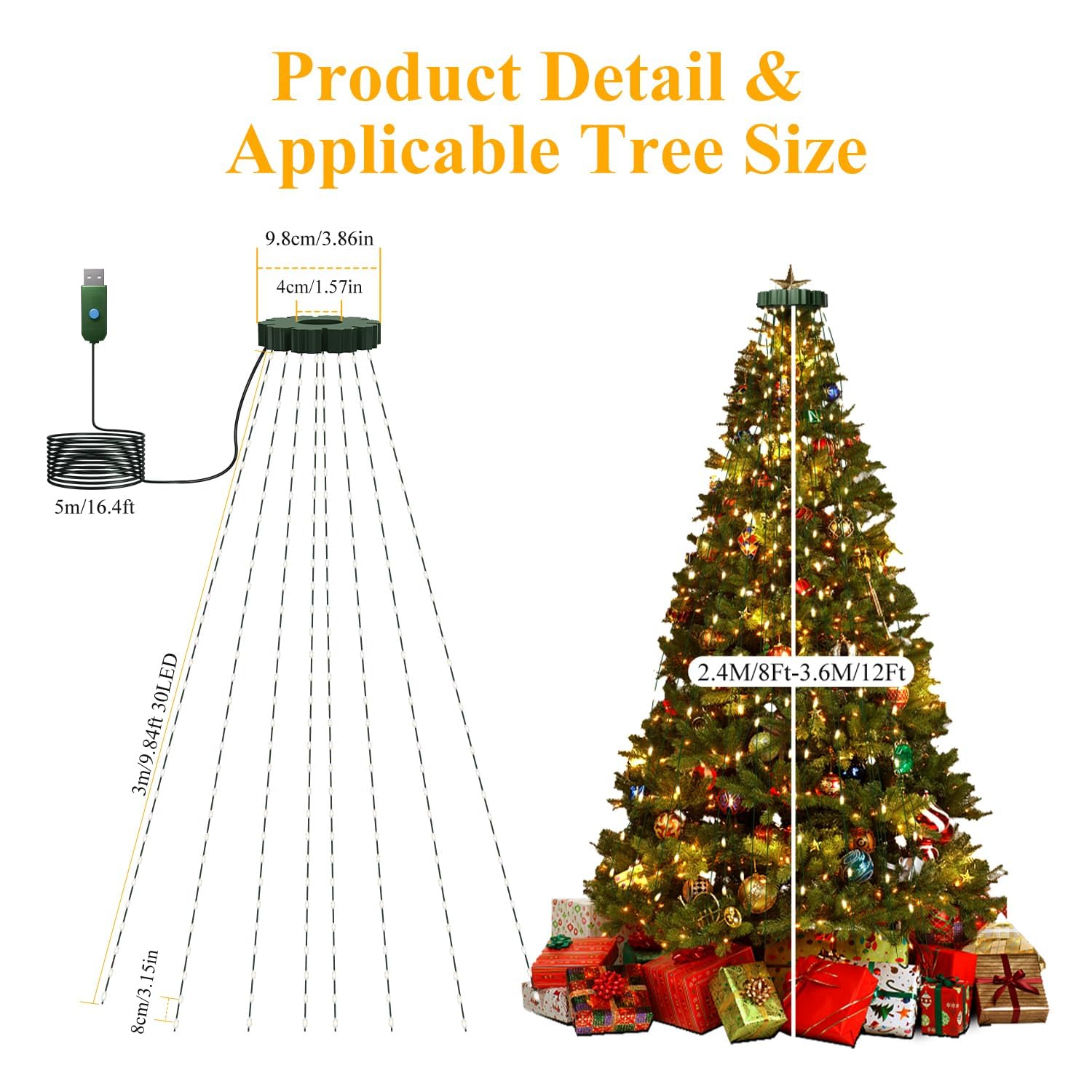 btfarm Christmas Tree Lights, 9.84FT 480 LED, Warm White, USB Plug-in, Waterproof, Timer, Dimmable, Indoor Outdoor Decor