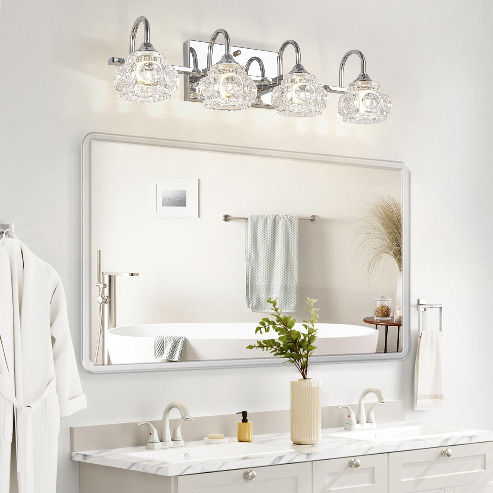 Dikaida 4-Light Bathroom Lighting Fixtures Over Mirror, Polished Chrome Modern Vanity Lights With Crystal Glass Shade, Over Mirr