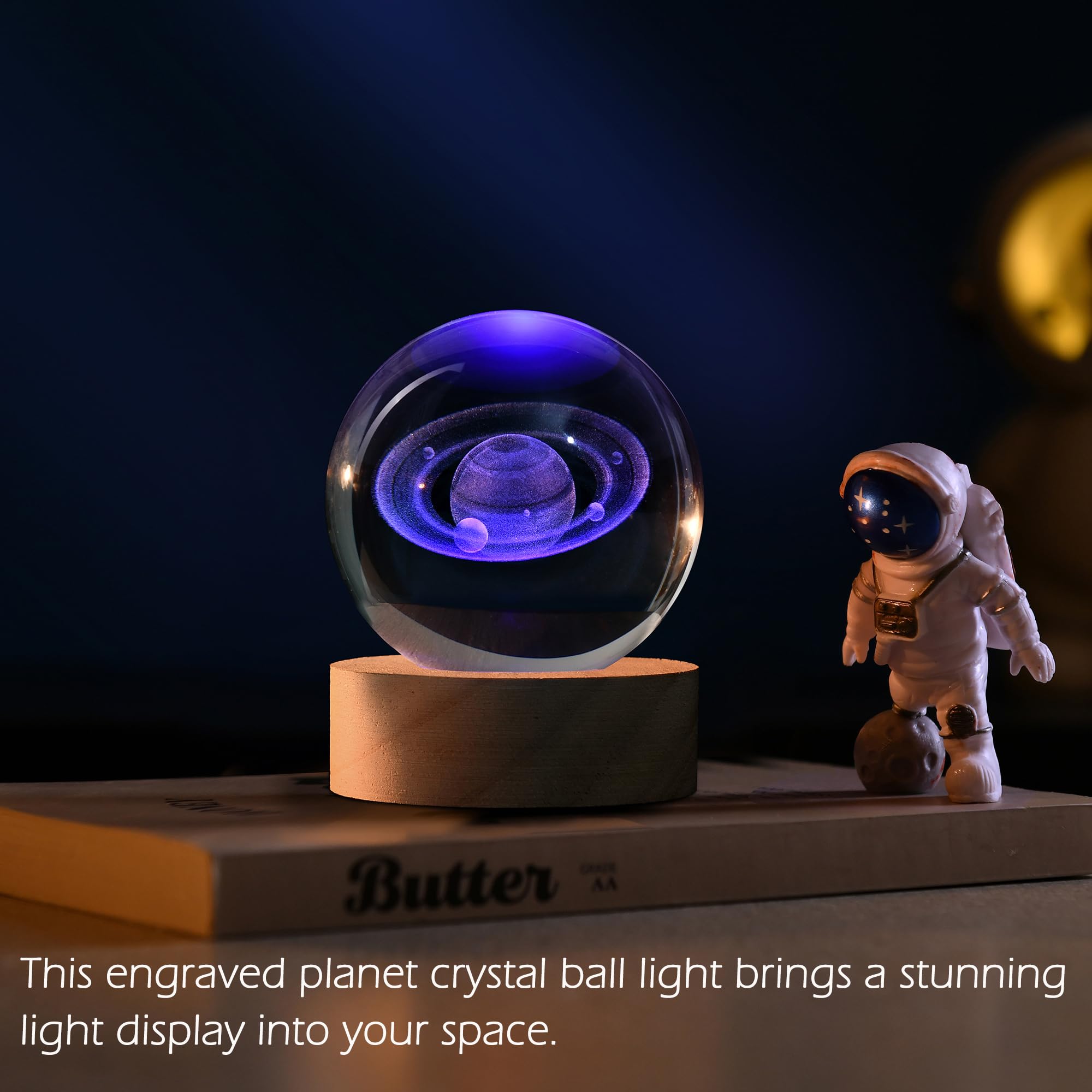 Ifolaina 3D Saturn Crystal Ball 2.36'' Laser Engraved Glass Planet Sphere Gifts With Colorful Lighted Base Decorative Glass Ball