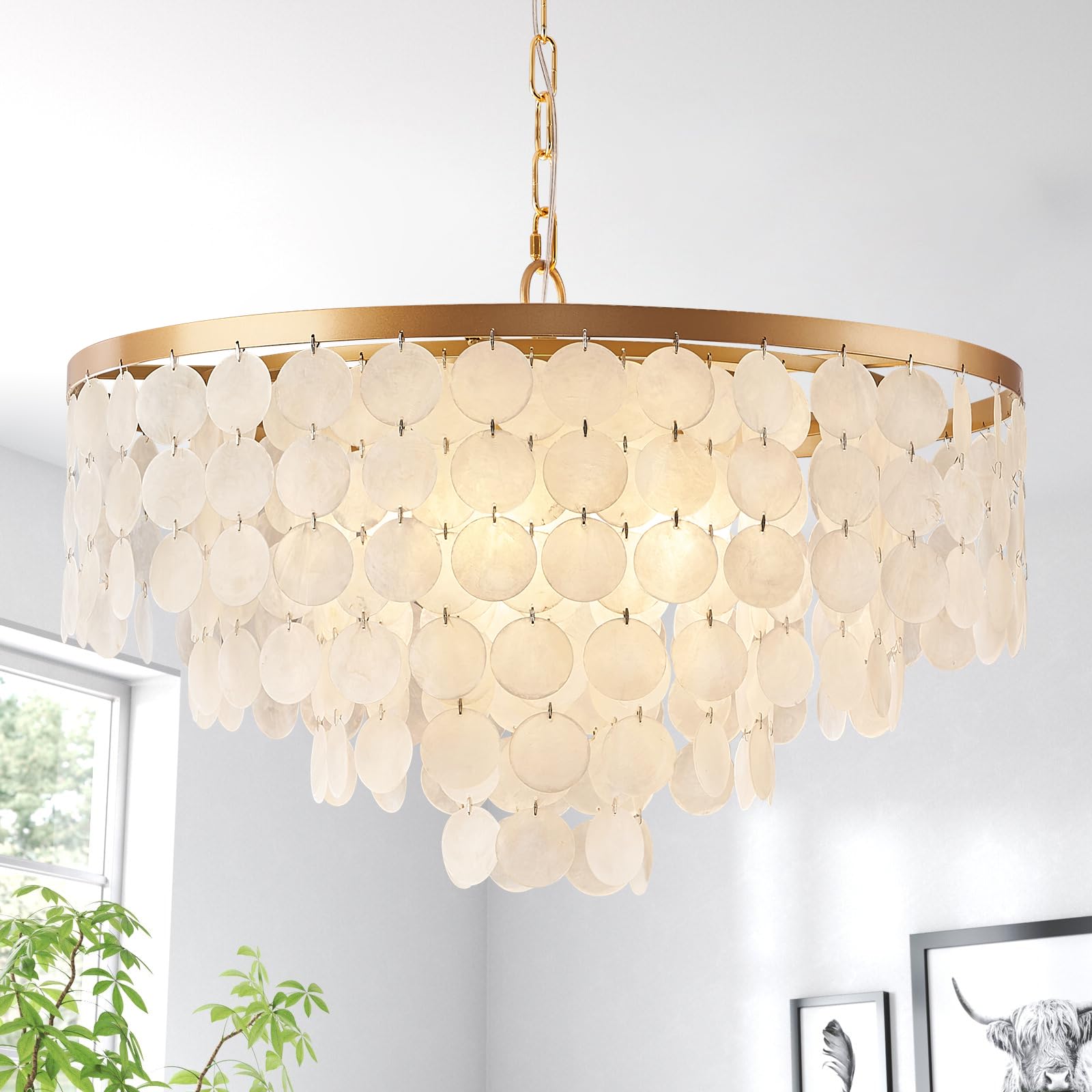 HLMRCHEN 24'' Capiz Shell Chandelier, 5 Light Gold Dining Room Light Fixture Modern Coastal Chandeliers for Bedroom Bathroom Kit