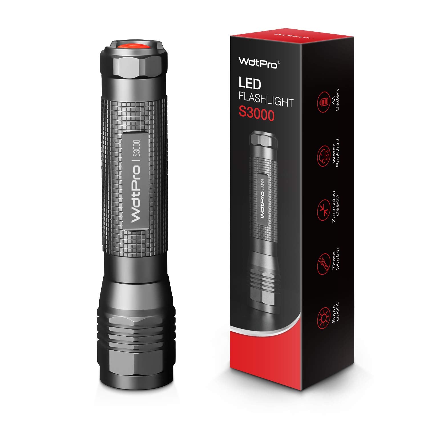 WdtPro S3000 High-Powered LED Flashlight - 1600 Lumen, IP67 Water Resistant, 3 Modes, Zoomable, Black, 1 Pack