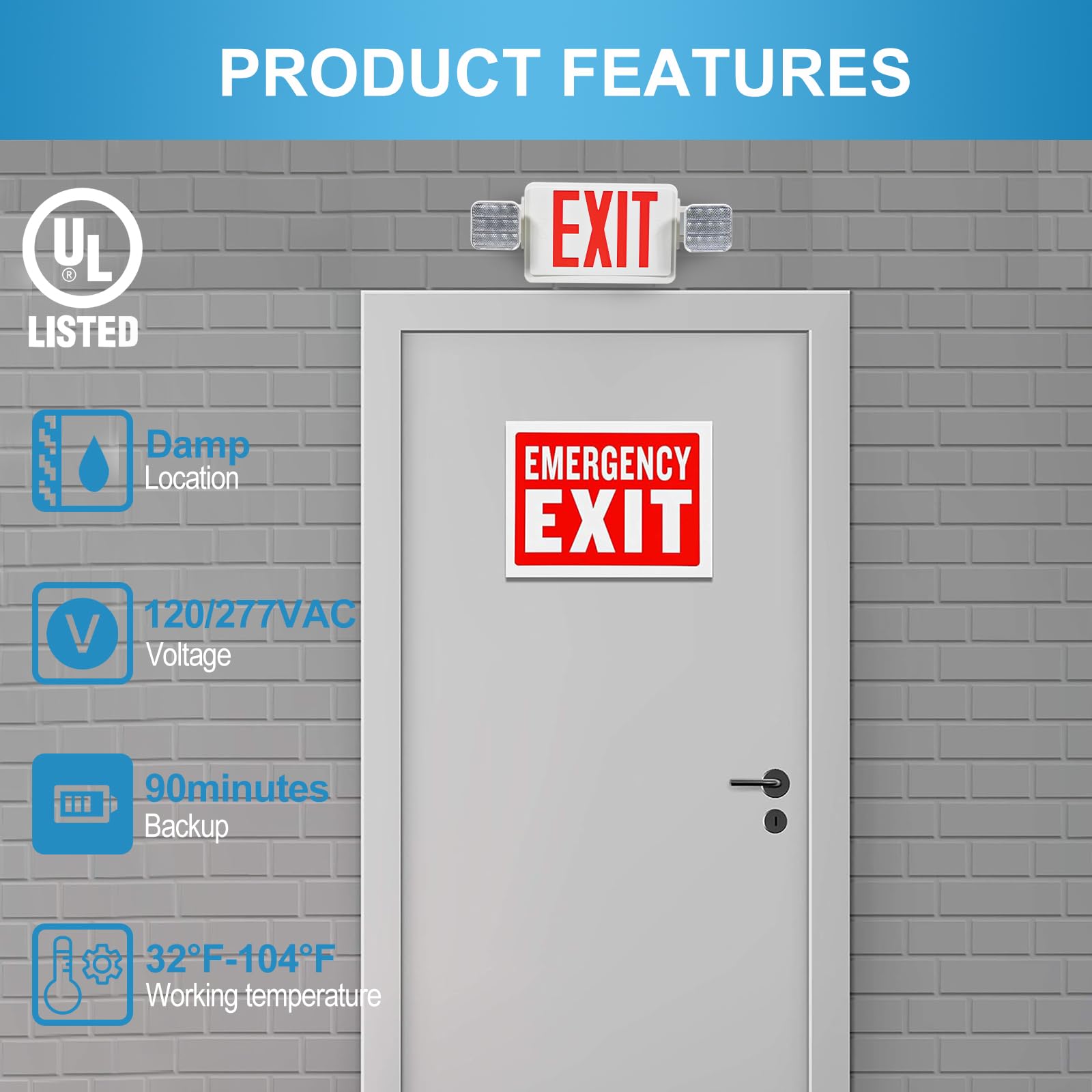Double Sided Led Emergency Exit Sign, Remote Capable, Two Led Flood Lights, Backup Battery, Us Standard Red Letter Emergency Exit Lighting, Commercial Grade, 120-277V, Fireresistant(Ul 94V-0) (6 Pack)