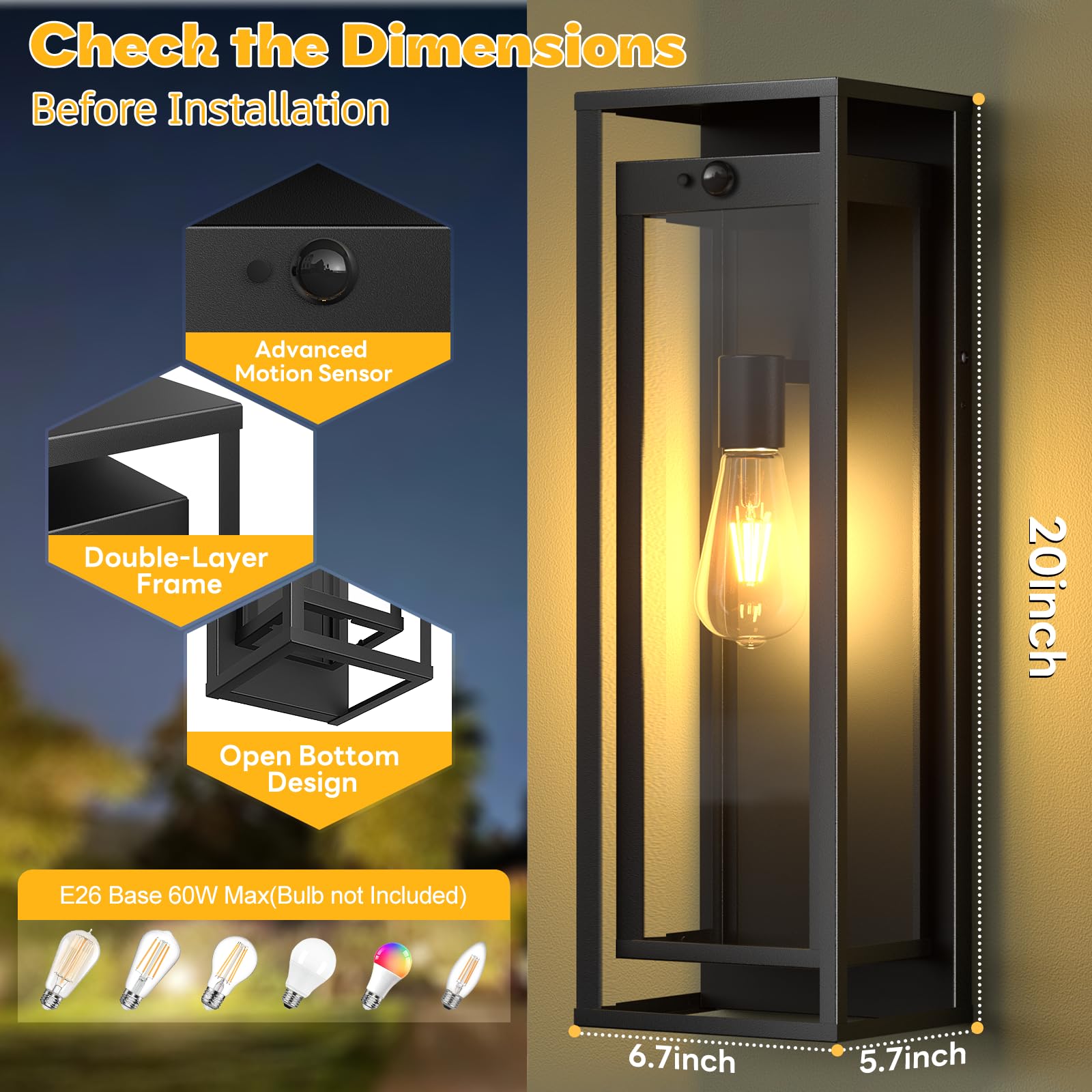 SIAFAVOI Motion Sensor Outdoor Wall Light 15in Waterproof Black Lantern, 2-Pack, Dusk to Dawn Sconce for Garage and Entryway