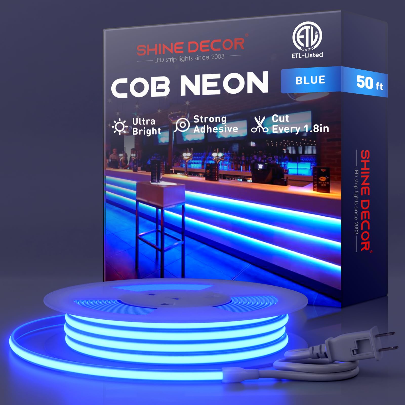 Shine Decor COB LED Rope Light AC 120V  800lm Ultra Bright  IP65 Waterproof Cold-Resistant ETL Neon Band  No Driver Tape Lighting for Home Commercial 10x4.5mm  Blue  50ft