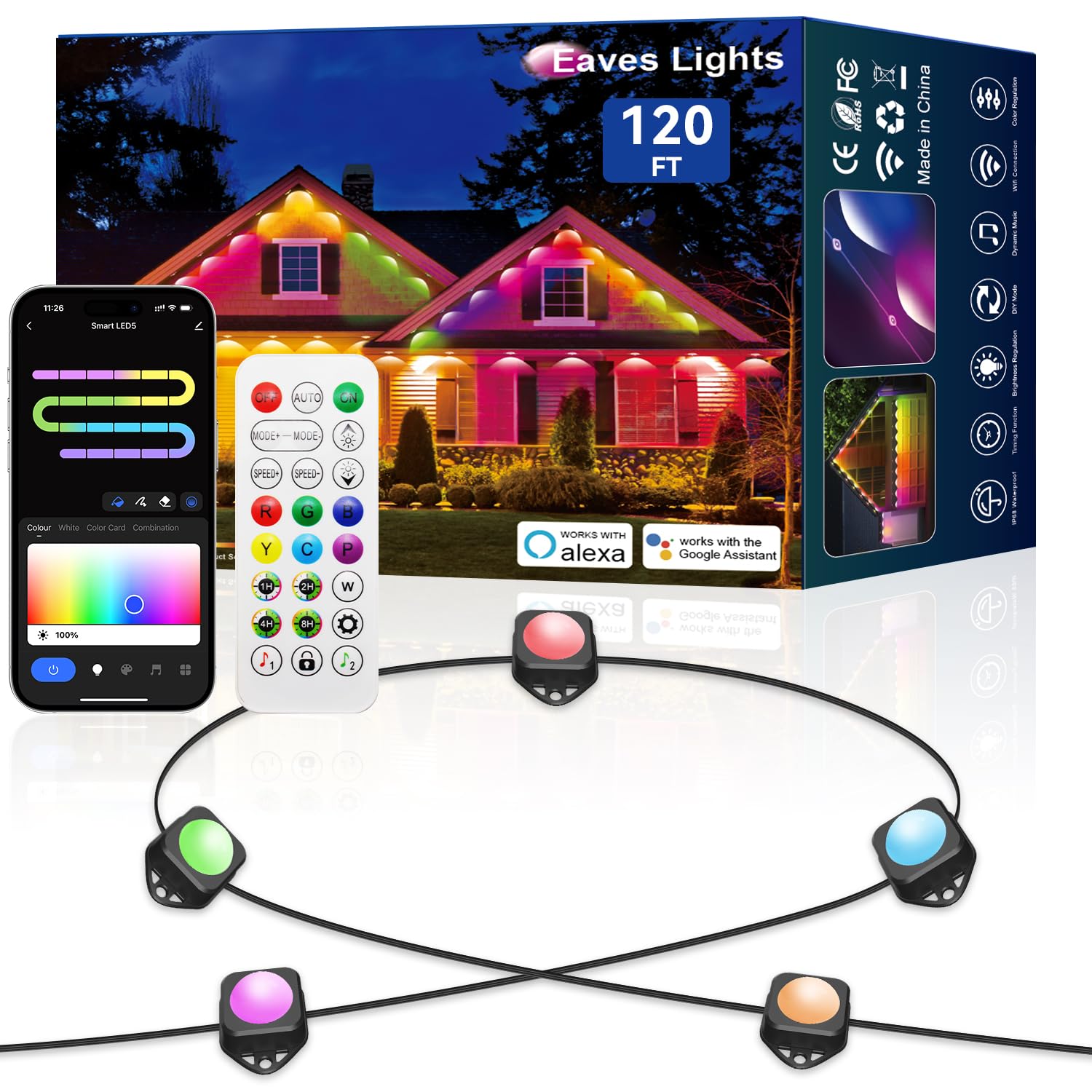 Lemonlovely Permanent Outdoor Lights Pro  120Ft With 88 Ic+Rgbcw Smart Led Eaves Christmas Lights For Daily Decoration  Ip67 Waterproof For Outside Xmas Halloween House Roof Lighting  Black