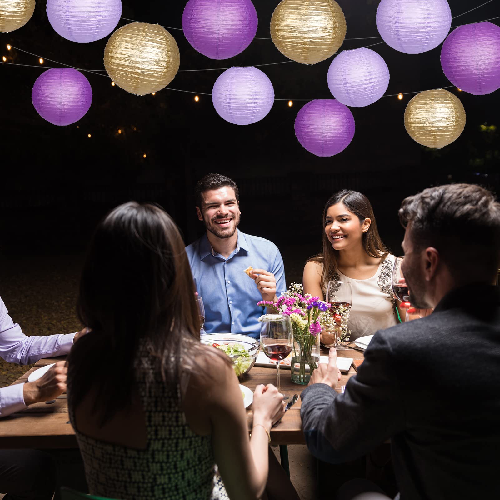 Yunxuan Paper Lanterns Decorative, Purple Lavender Gold Hanging Round Chinese Lanterns With Lights For Graduation Bachelorette T