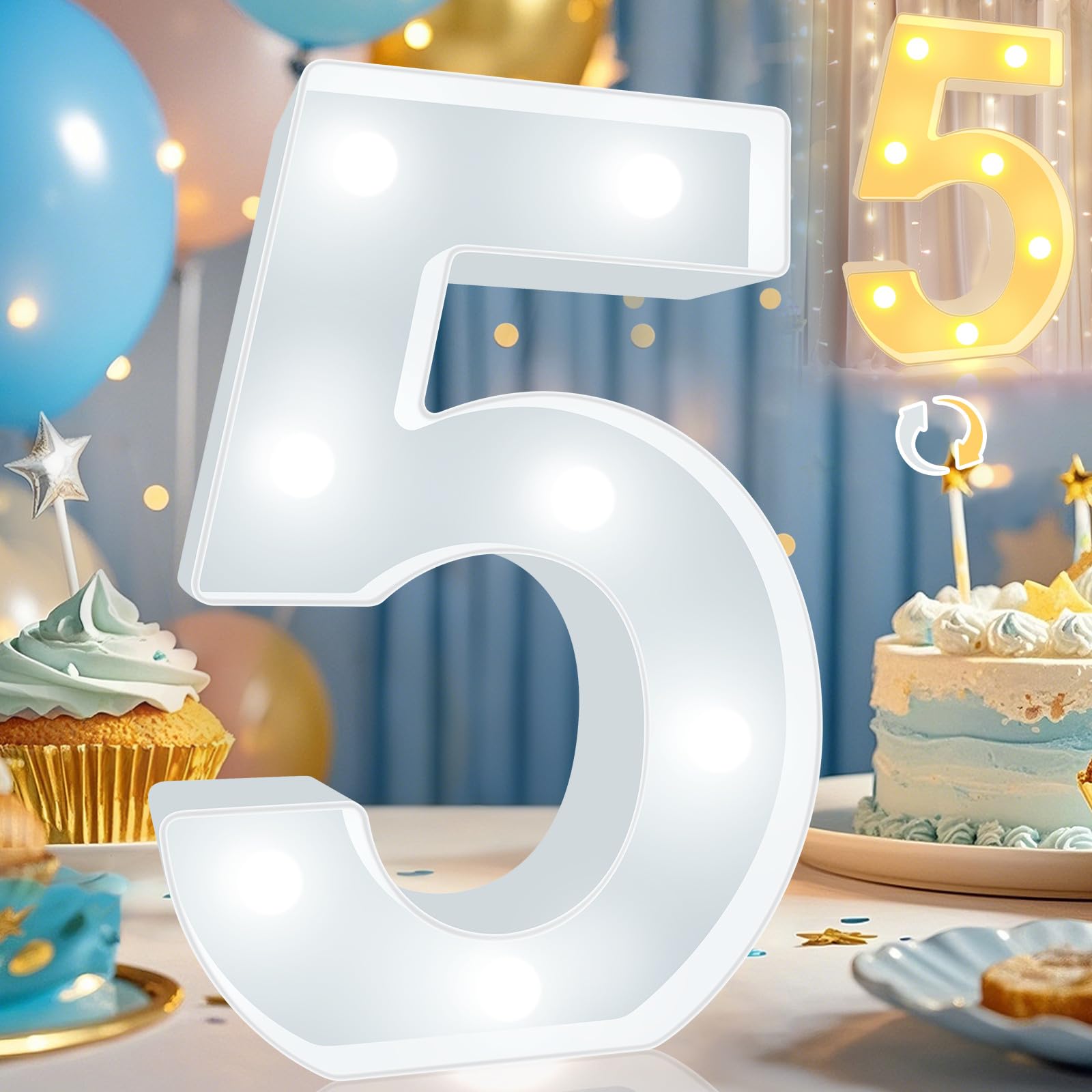 Pooqla LED Light Up Number 5, Cool White & Warm White Plastic Marquee Decor for Parties, Weddings, & Room Decor