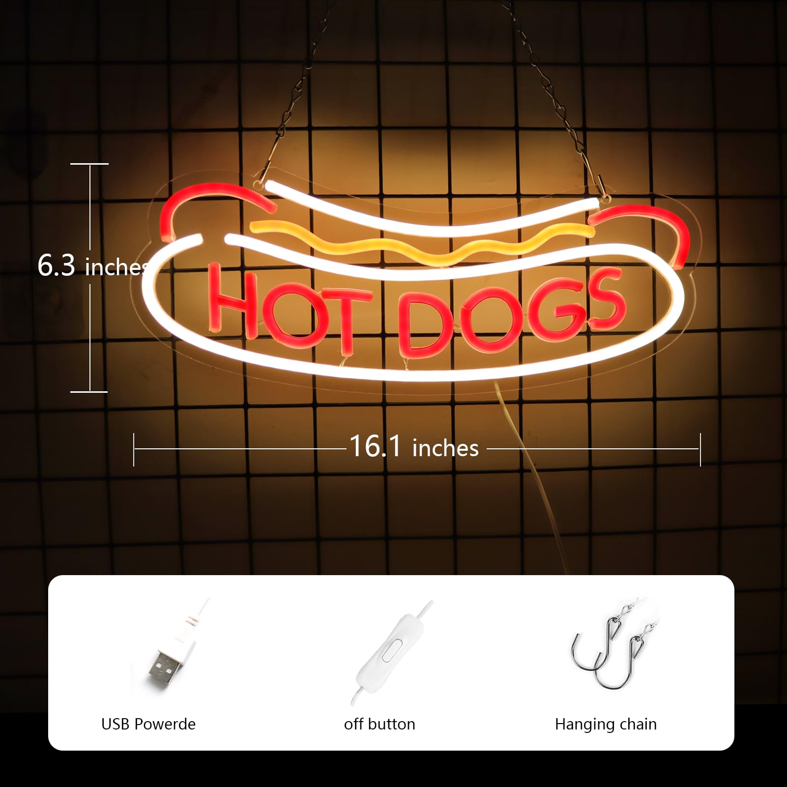 Balanar Neon Sign for Hot Dogs Shop, LED Wall Decor, 16.1 x 6.3 inches, Model NS-Hot Dogs, Color: Hot Dogs