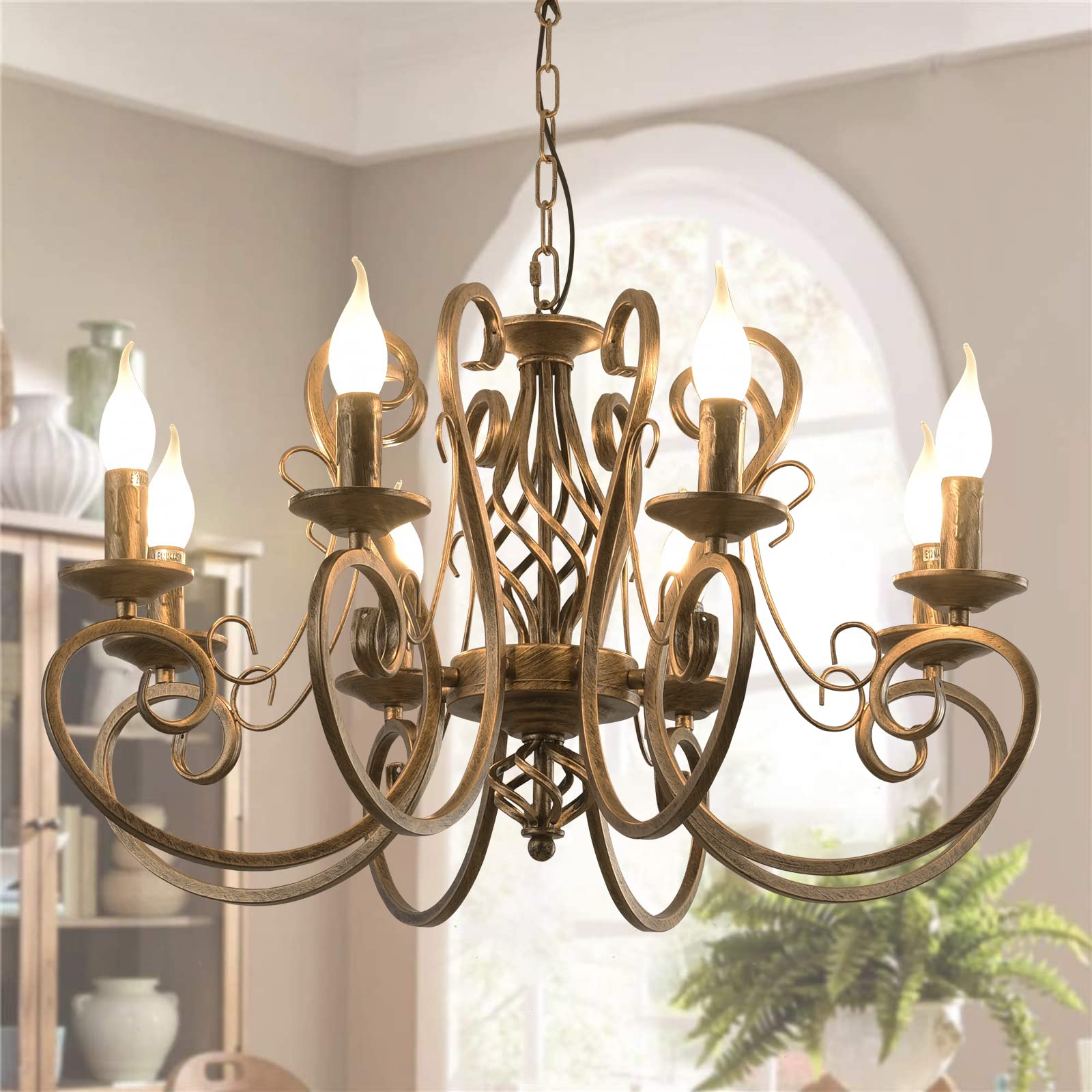 Ganeed 8-Light French Country Pendant Chandelier, Rustic Metal Light Fixture, Model CHD092-8Br, Adjustable, Eight-Light