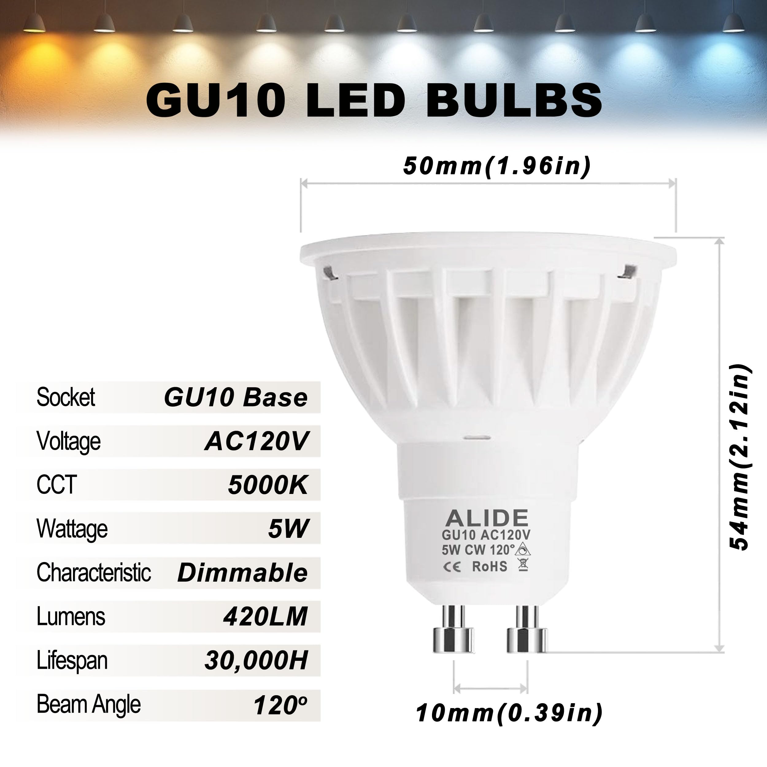 Alide 5W Dimmable Gu10 Led Bulbs 5000K Daylight White,Two Prong Replace Gu10 50W Halogen,120 Degree Flood Wide Beam Angle,Ac120V