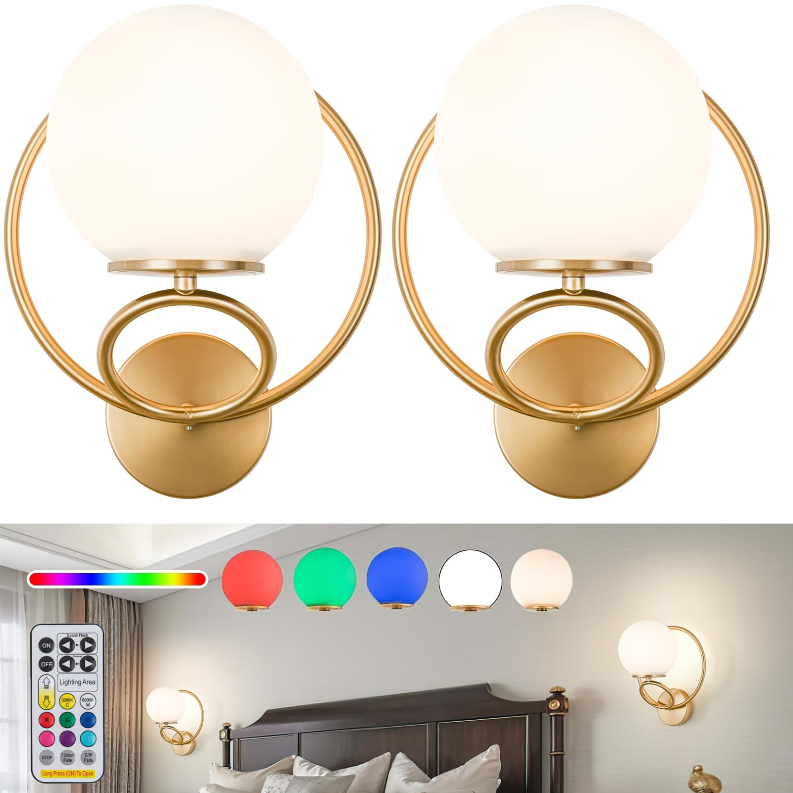Jengush Battery Operated Wall Sconce Set Of 2, Wireless Wall Lights With Remote Control Dimmable,Rechargeable Wall Light Indoor
