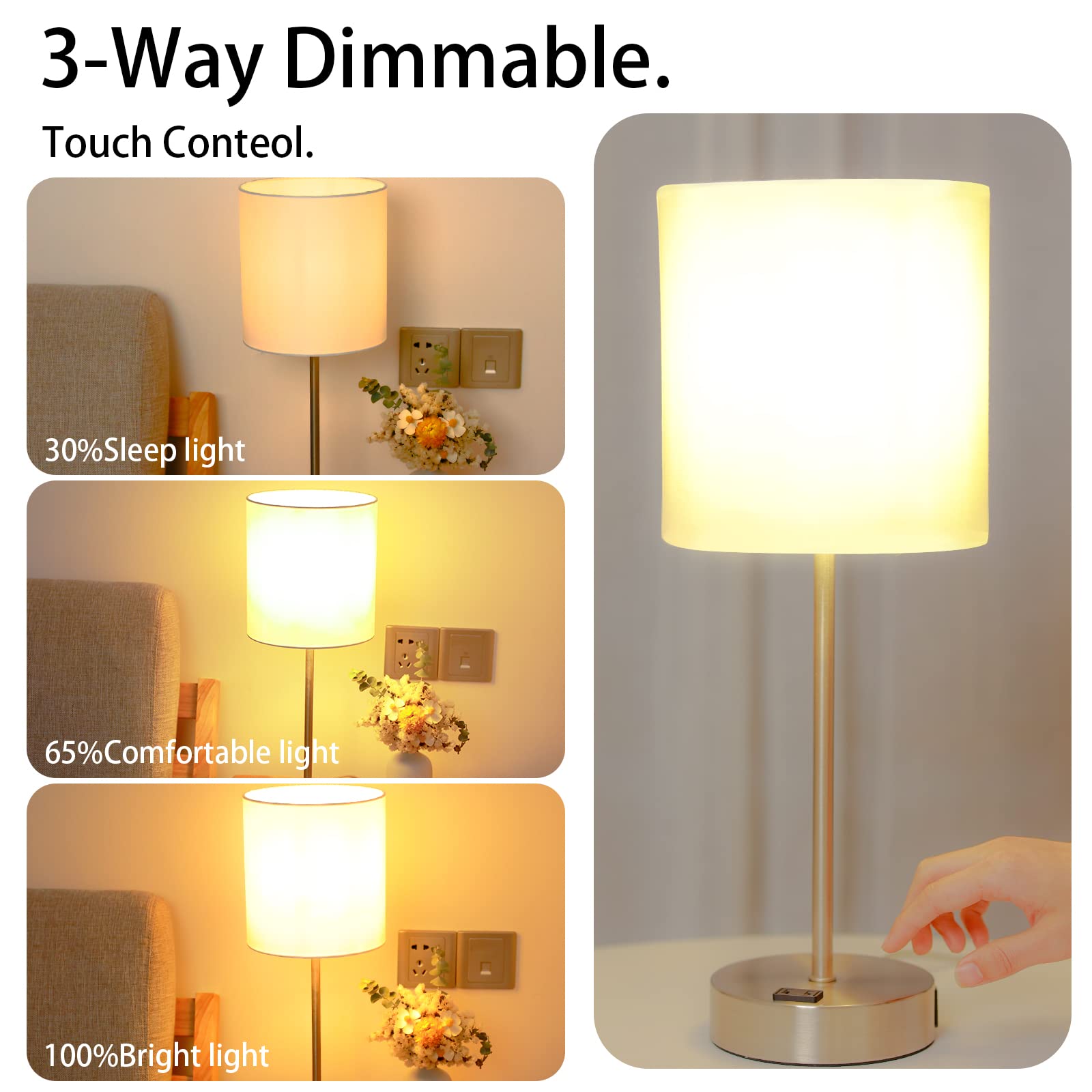 Yameiwan Bedside Lamps Set 2, 3 Way Full Dimming Lamp With Usb Ports, Type-C And Ac Outlet, Nightstand Lamp For Bedroom Living R