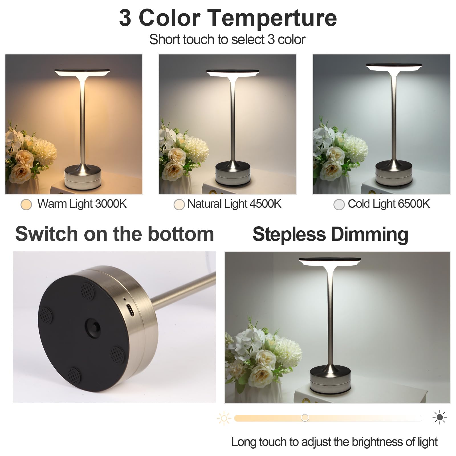 ShangKyun 2Pack Cordless LED Desk Lamp - 6000mAh Rechargeable, Touch Control, Silver - 48 Hours Usage for Indoor & Outdoor Lighting