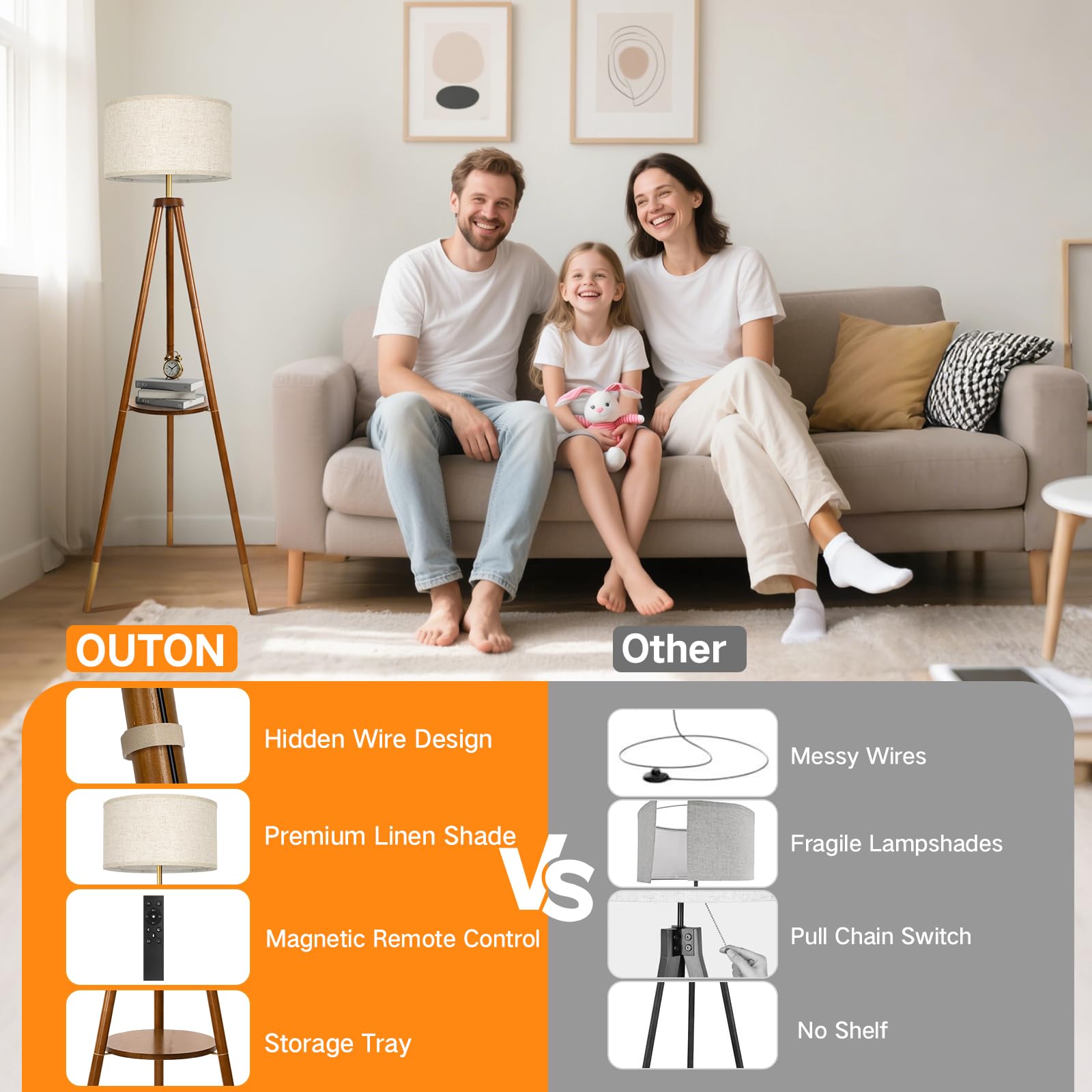 OUTON Wood Tripod Floor Lamp with Remote Control, Dimmable LED, 4 Color Temperatures, Walnut & Gold