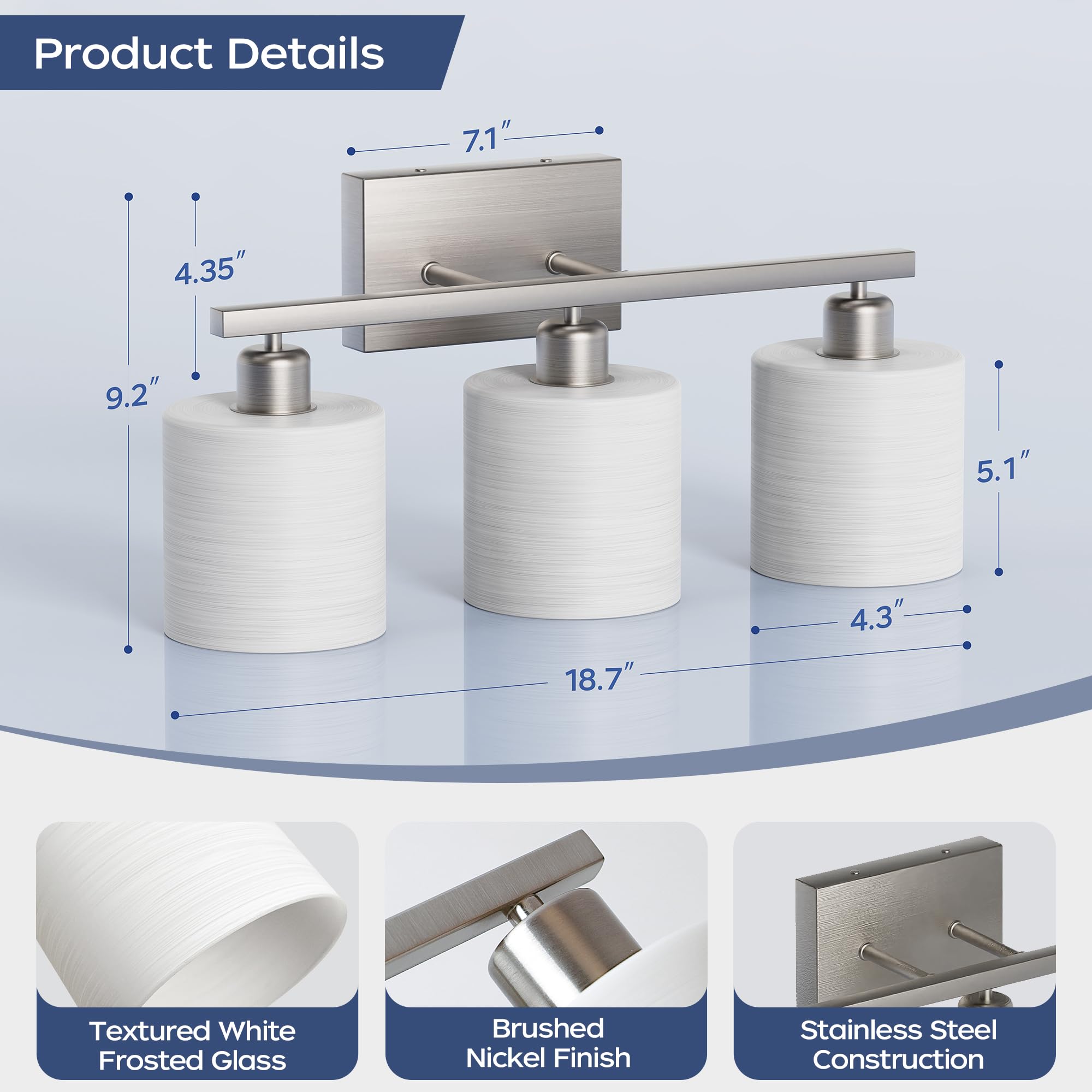 PARTPHONER Bathroom Light Fixtures - 3-Light Vanity Lights, Brushed Nickel, Textured Frosted Opal Glass Shades, Model STR0-VL-001