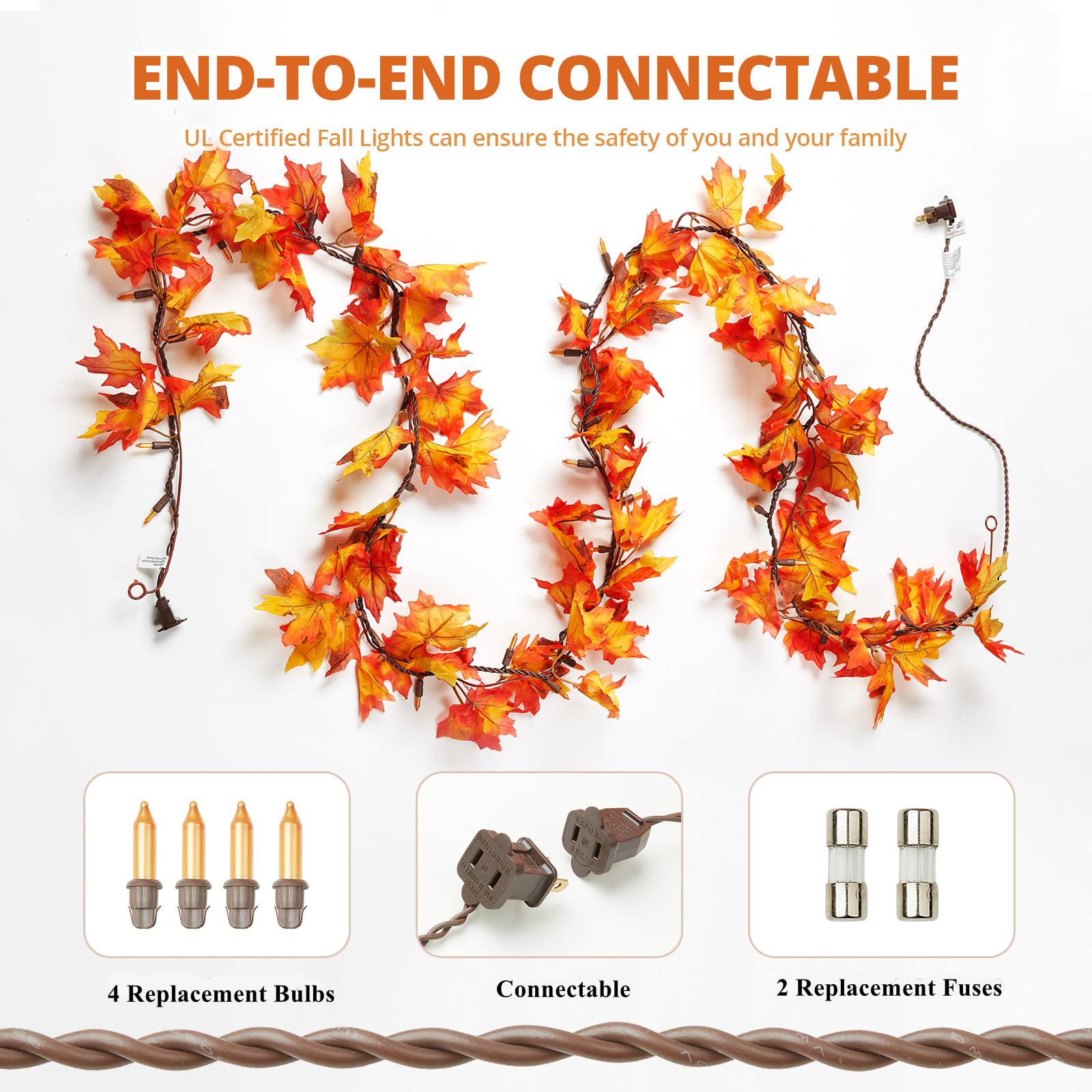 Meknow Thanksgiving Garland with Lights, 9FT, 50 Orange Bulbs, UL Listed, 2 Packs, Plastic, Indoor/Outdoor Decorations