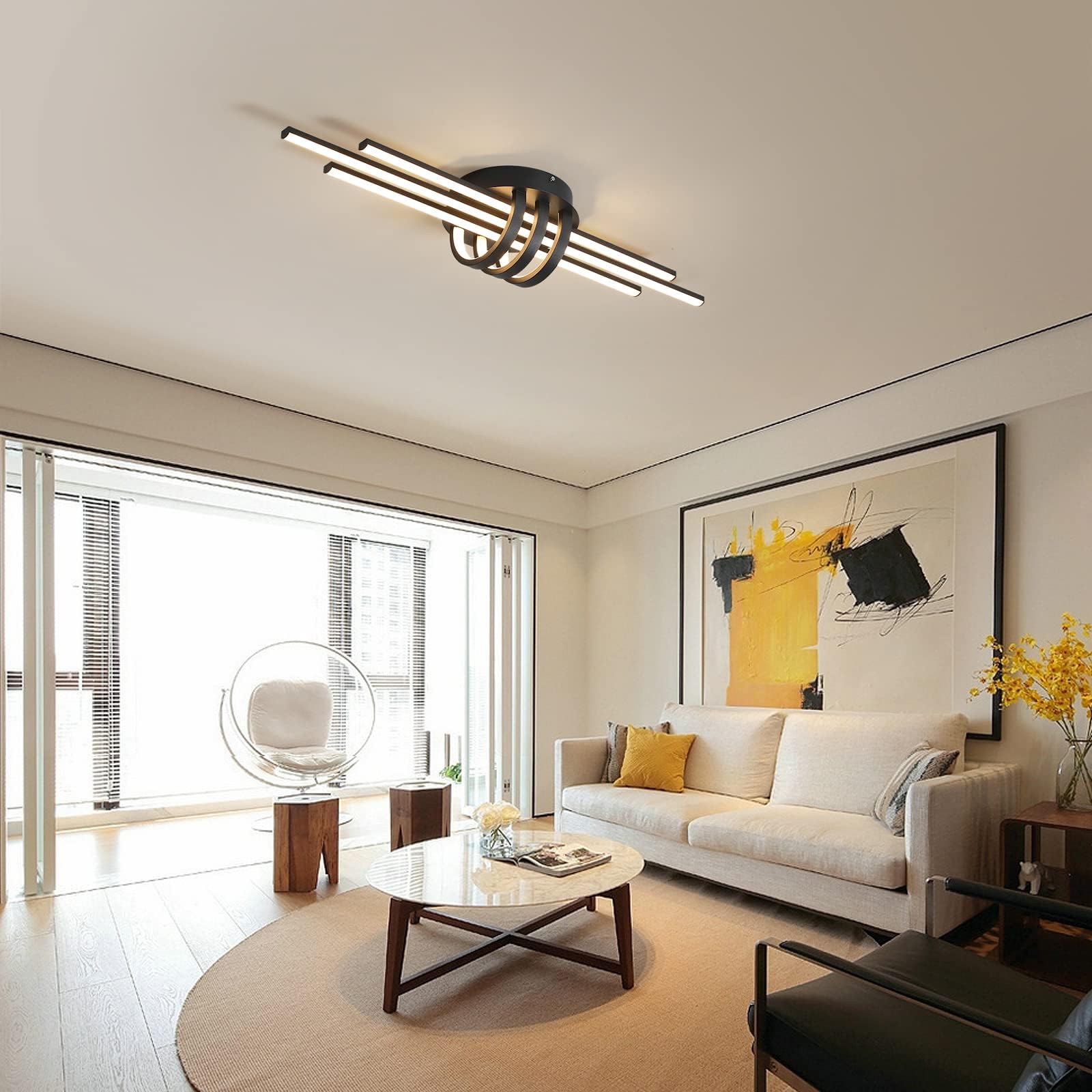 Garwarm 31.49 Inch Modern Led Ceiling Light Fixture, 40W Black Flush Mount Ceiling Light With Remote, Industrial Linear Chandeli