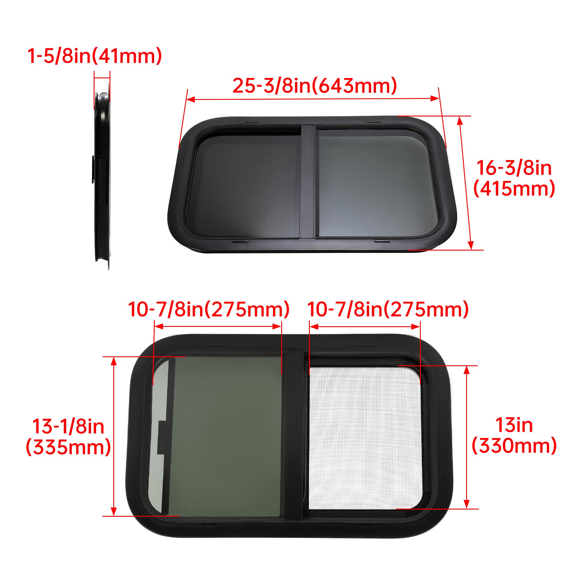 HECASA RV Window 24"x15" w/ Screen - Tempered Glass, Tinted, Black, Model MO-1725, Compatible with RV Camper Cargo Trailer
