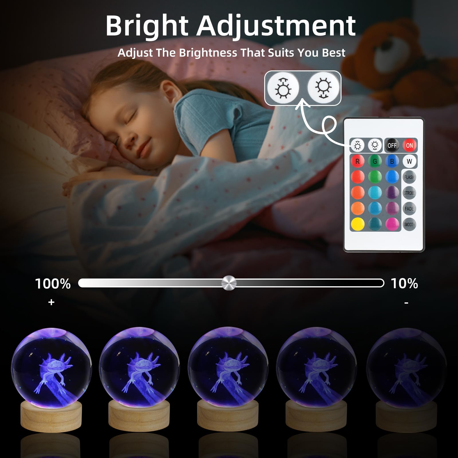 ZXBLAQ 3D Axolotl Crystal Ball Night Light, Glass, 3.15 Inch, 16 Color LED, Wooden Base, Axolotl-1