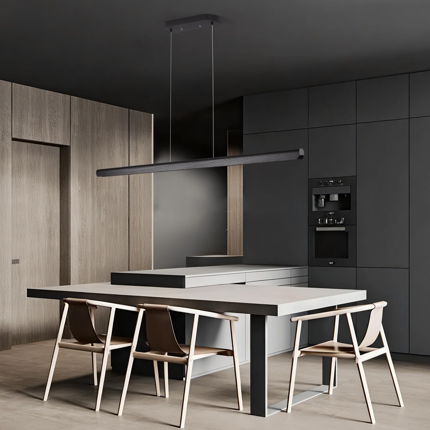 Yisdesign 55Inch Wood Led Linear Pendant Light  Dimmable Wood Ceiling Lamp Minimalist Linear Chandelier  40W Warm Light 3000K  Modern Kitchen Island Dining Room Lighting Black Adjustable Height