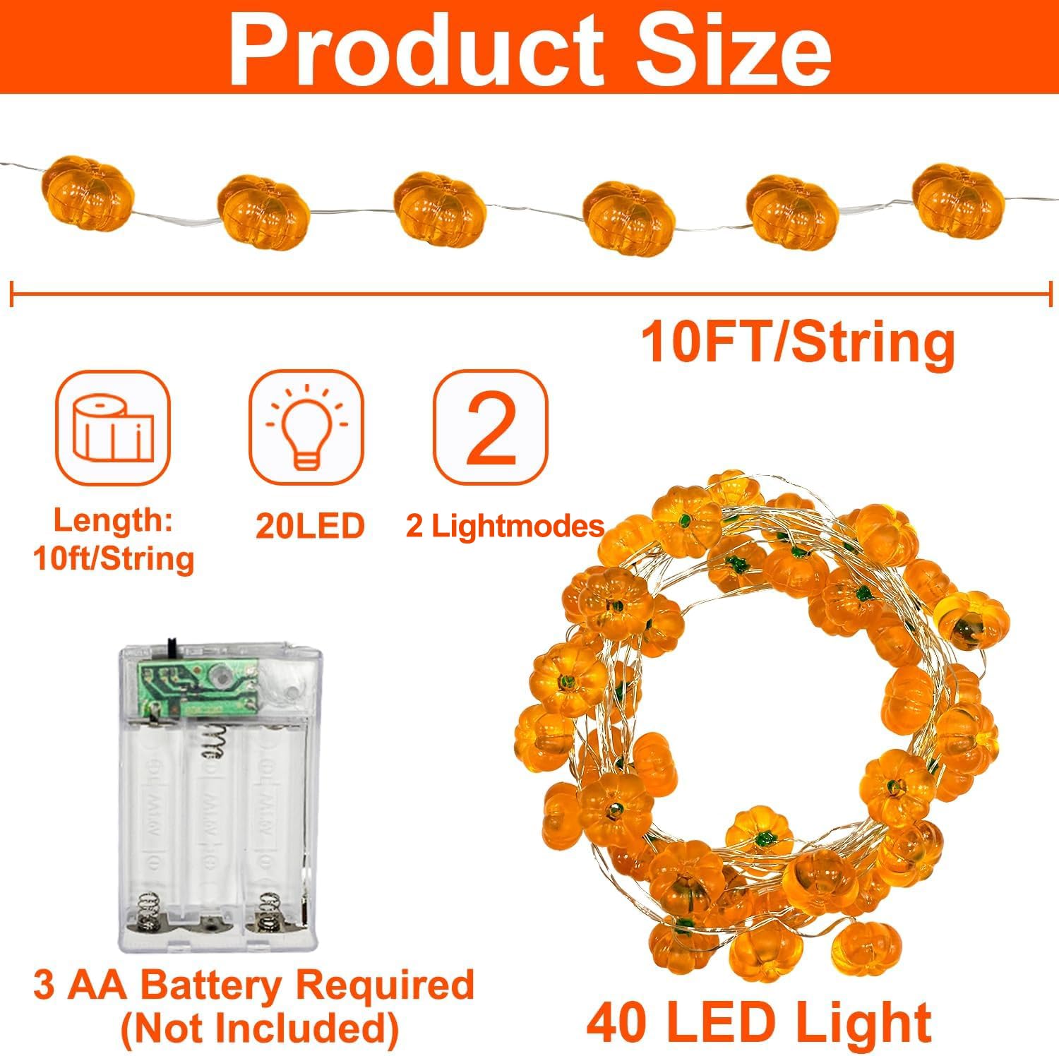 TURNMEON 3D Fall Pumpkin String Lights, 40LED, 20ft, Battery Operated, Warm White, Indoor Halloween Decorations, 2 Pack