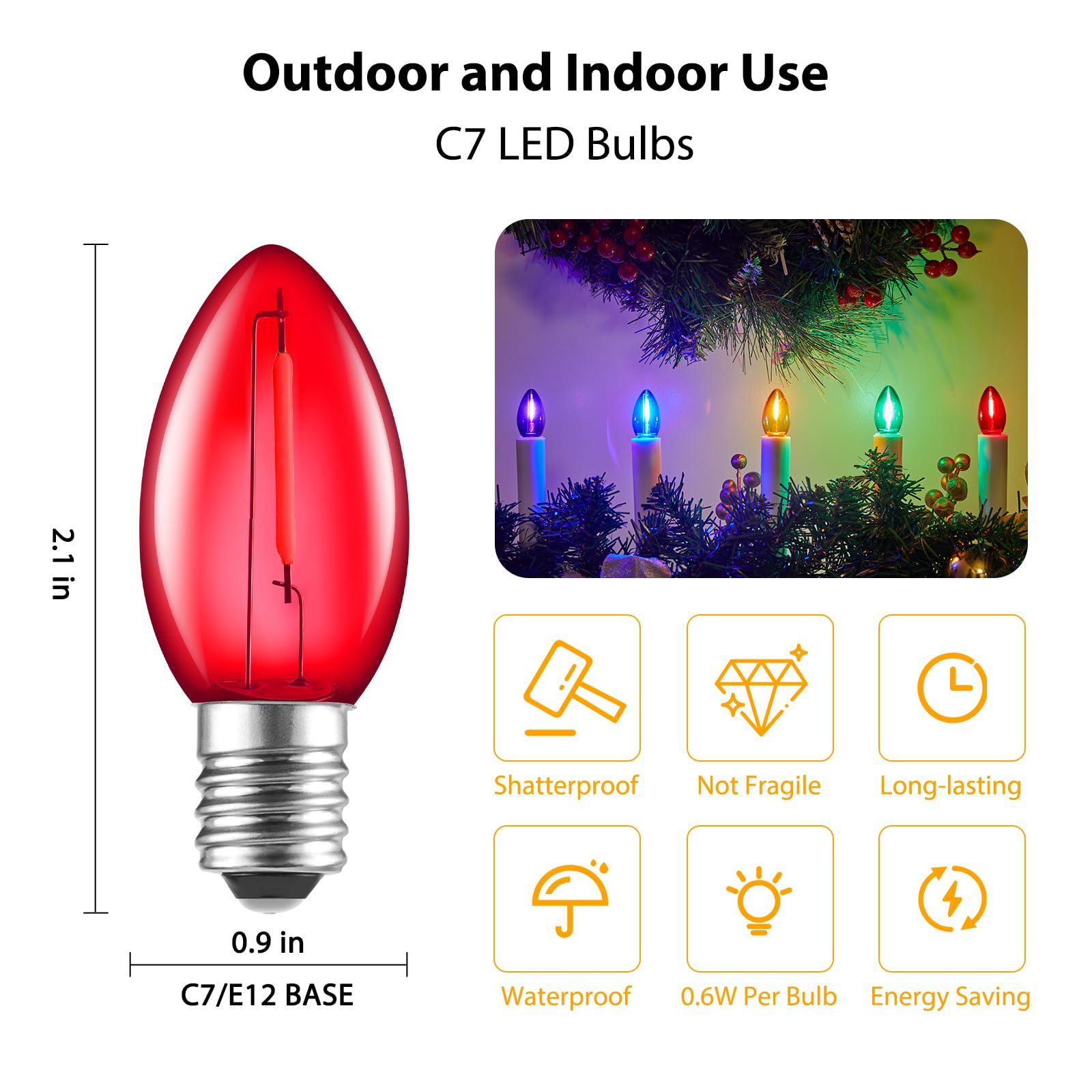 50 Pack C7 Multicolor Led Christmas Light Bulb  Waterproof C7 Replacement Bulbs For Outdoor Indoor Christmas String Lights  E12 Candelabra Base  Commercial Grade Holiday Bulbs For Decor Lighting