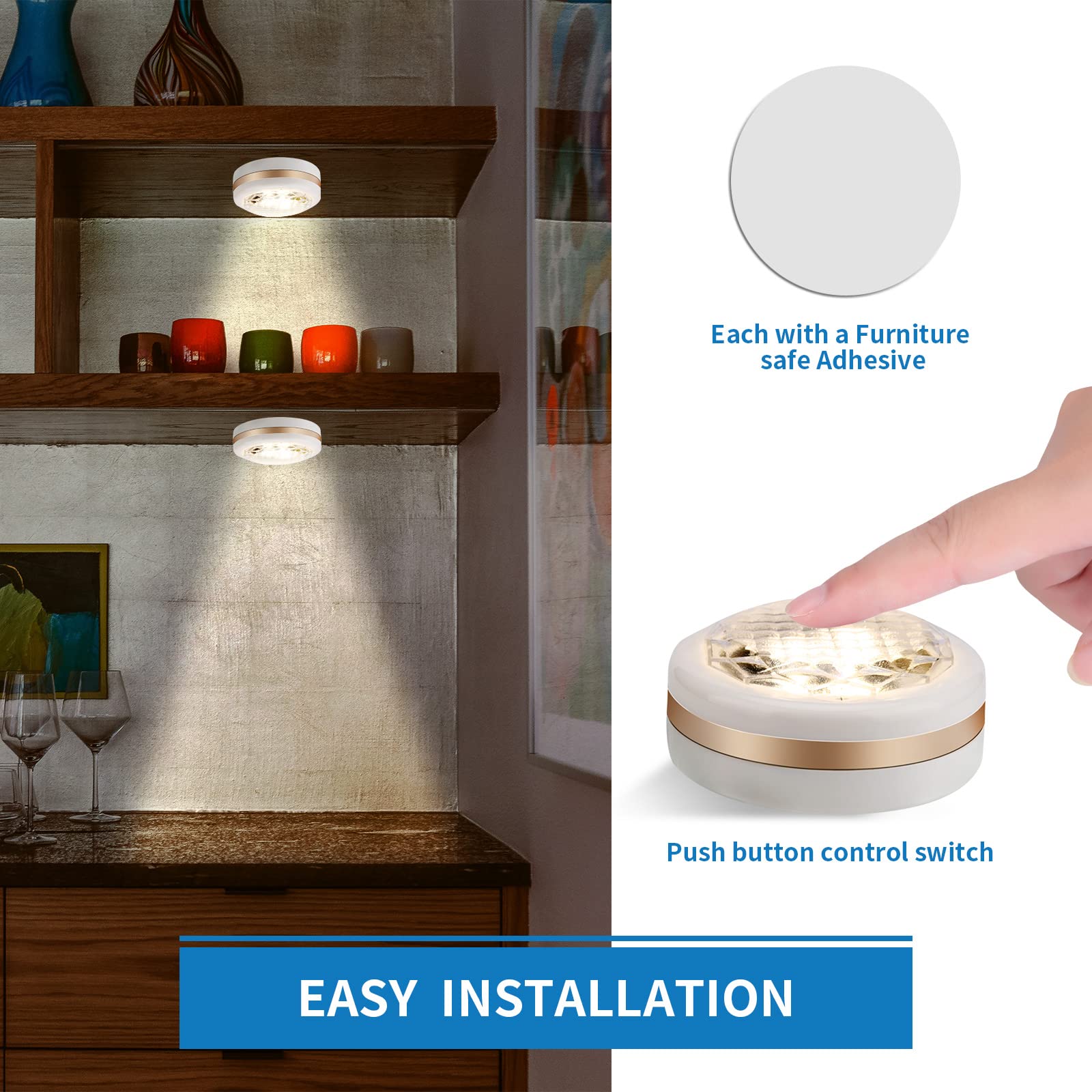 LEASTYLE Puck Lights with Remote, Wireless Under Cabinet Lighting, 6 Pack, Battery Operated, Natural White, Adjustable Brightness, Model 001