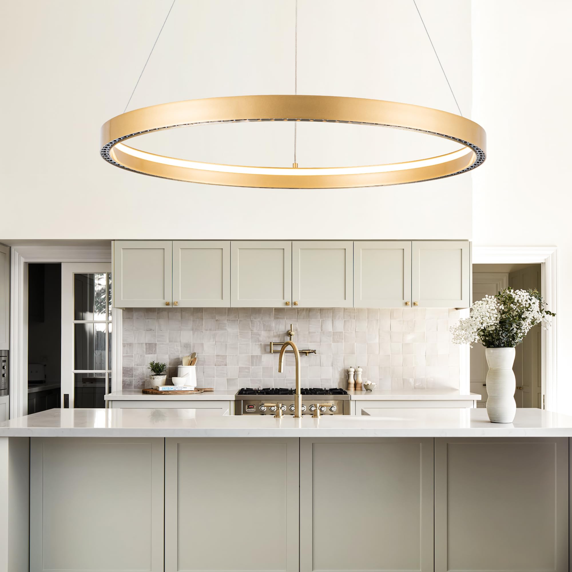 SUNMOO Modern Led Pendant Light, 1 Ring Dimmable Chandelier, 36W, Gold, Aluminum, 3000-6000K for Living Room, Dining Room, Kitchen Island