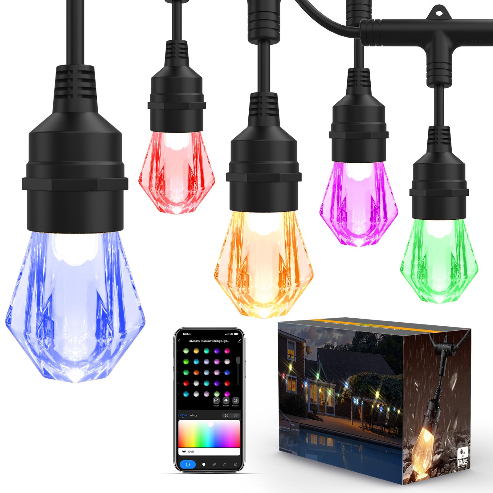 XMCOSY+ Smart Outdoor String Lights - 123ft RGBCWIC Patio Lights with 40 Color Changing Bulbs, LED String Light for Outside Back